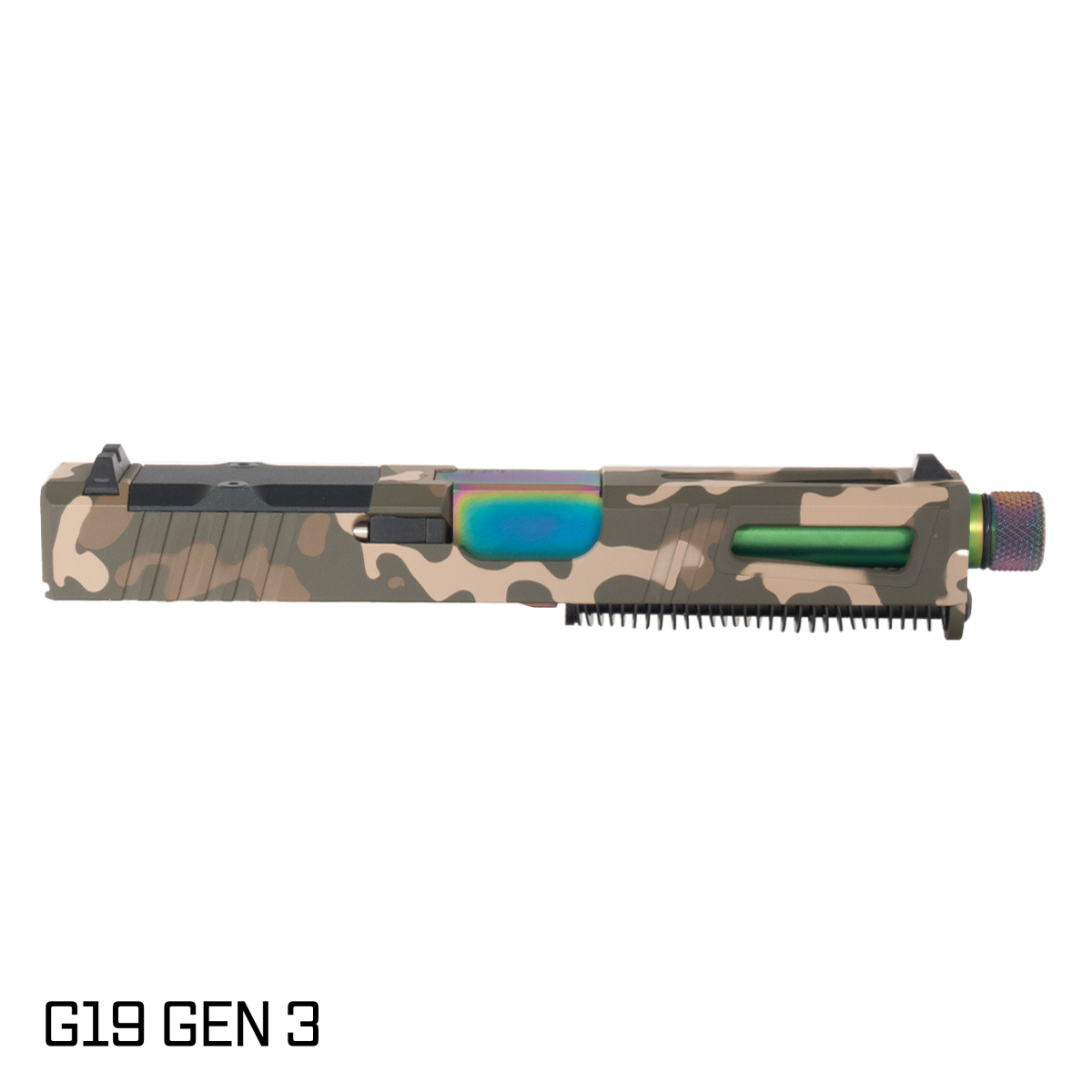 DTT Stiffler MFG Lionheart Threaded Rainbow PVD Barrel G19 Gen 1-3 Compatible 9MM OD Camo RMR Complete Slide Kit