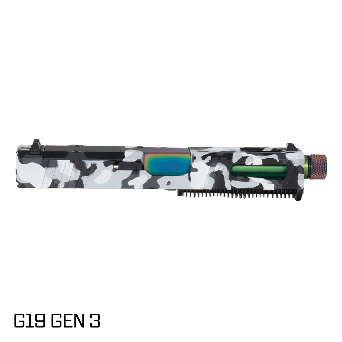 DTT Stiffler MFG Lionheart Threaded Rainbow PVD Barrel G19 Gen 1-3 Compatible 9MM Winter Camo RMR Complete Slide Kit