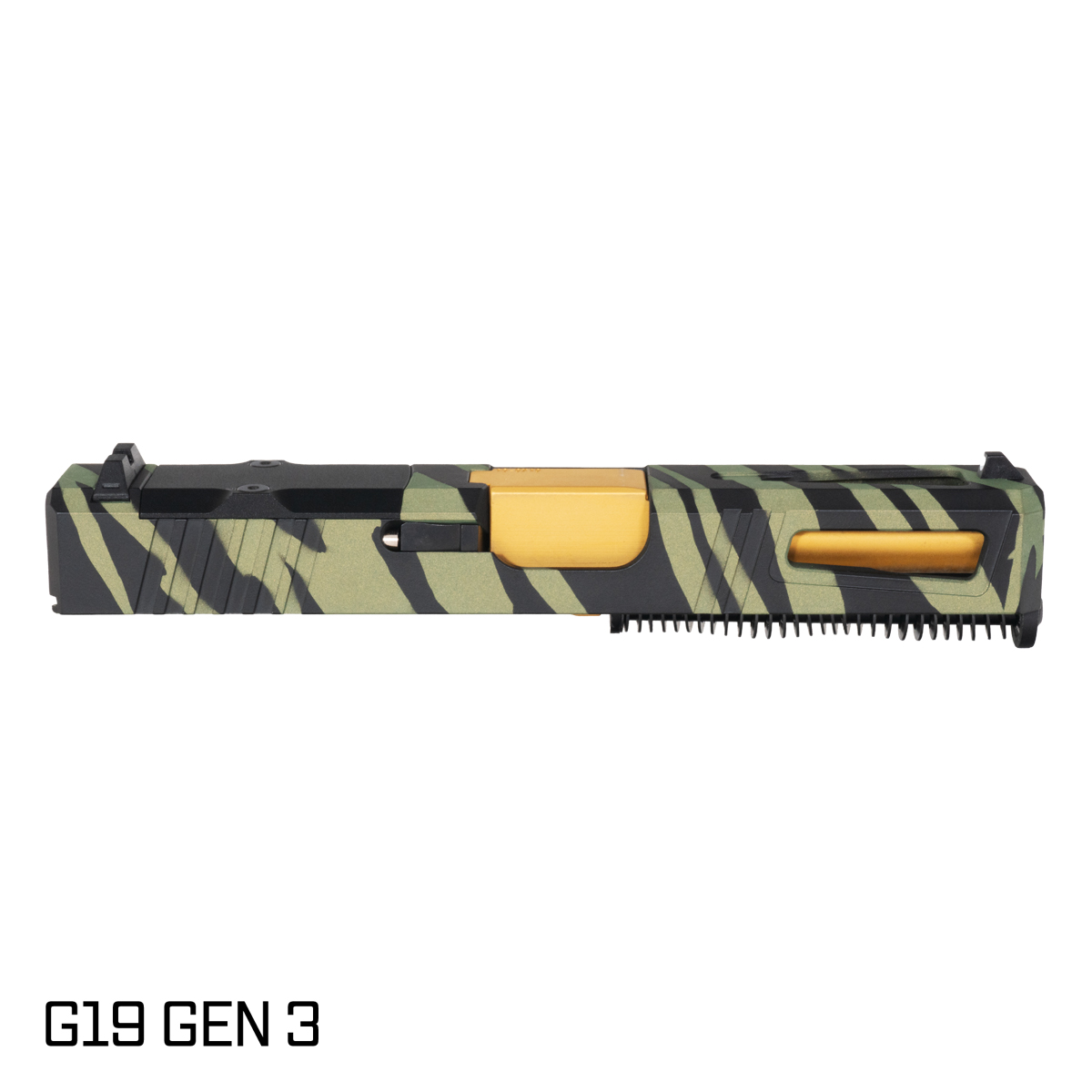 DTT Stiffler MFG Lionheart Crowned Gold TiN Barrel G19 Gen 1-3 Compatible 9MM Tiger Strike Crocodile RMR Complete Slide Kit