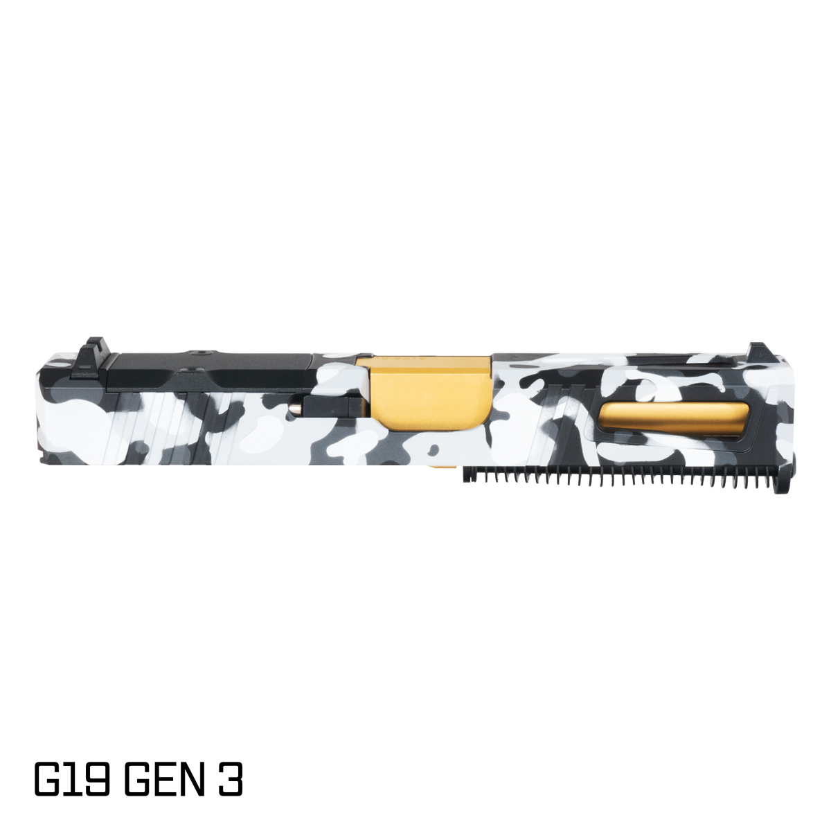 DTT Stiffler MFG Lionheart Crowned Gold TiN Barrel G19 Gen 1-3 Compatible 9MM Winter Camo RMR Complete Slide Kit