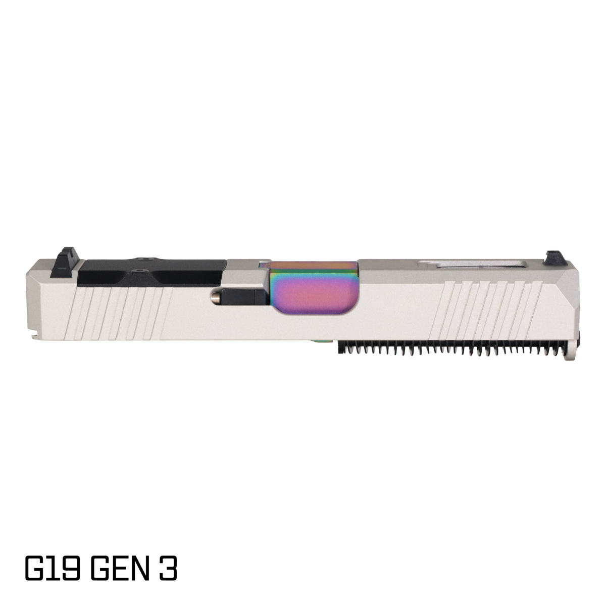 DTT Stiffler MFG Wayfinder Crowned Rainbow PVD Barrel G19 Gen 1-3 Compatible 9MM 17-4 Stainless Steel Shimmer Aluminum Cerakote Complete Slide Kit