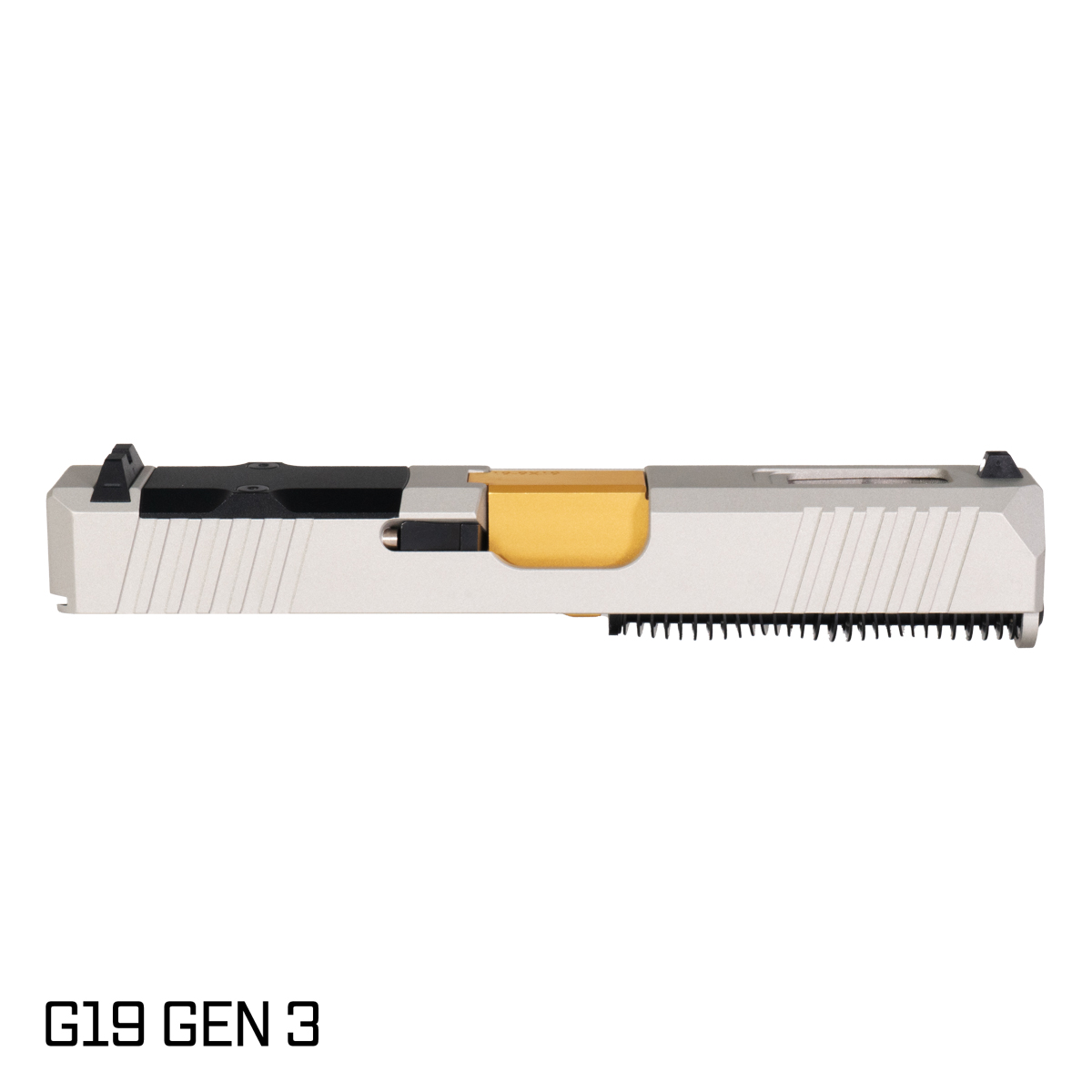 DTT Stiffler MFG Wayfinder Crowned Gold TiN Barrel G19 Gen 1-3 Compatible 9MM 17-4 Stainless Steel Shimmer Aluminum Cerakote Complete Slide Kit