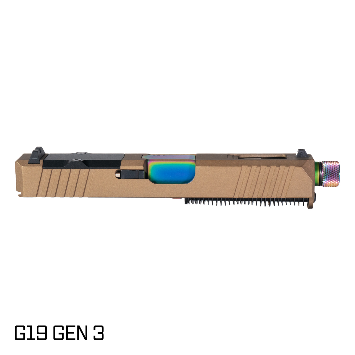 DTT Stiffler MFG Wayfinder Threaded Rainbow PVD Barrel G19 Gen 1-3 Compatible 9MM 17-4 Stainless Steel  Burnt Bronze Cerakote Complete Slide Kit