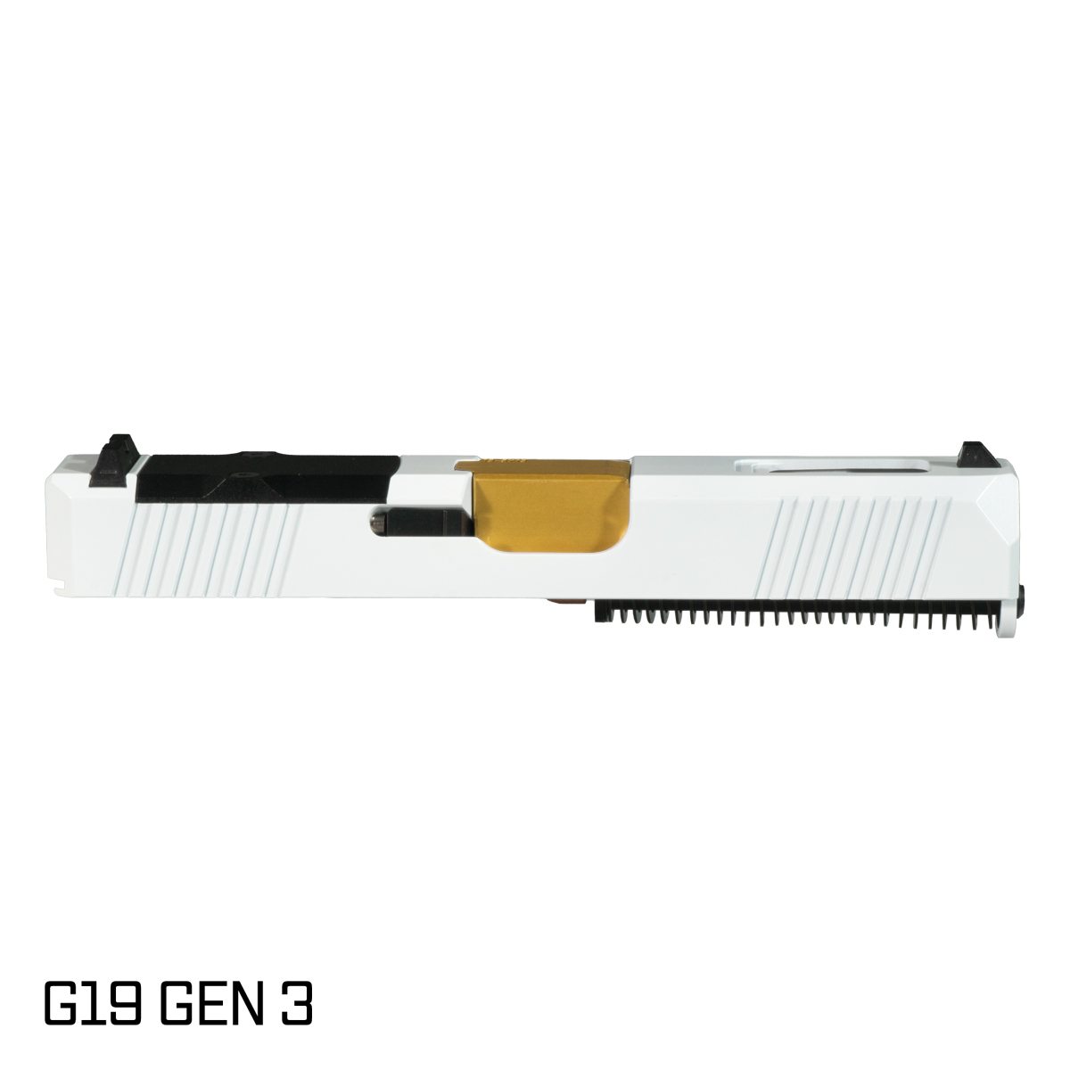 DTT Stiffler MFG Wayfinder Ported Gold TiN Barrel G19 Gen 1-3 Compatible 9MM 17-4 Stainless Steel White Cerakote Complete Slide Kit