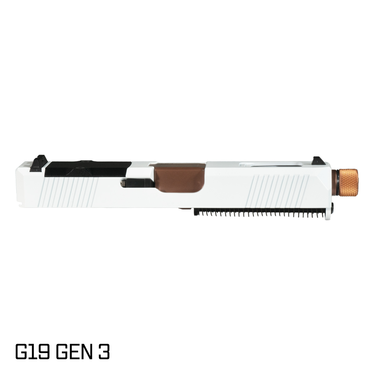DTT Stiffler MFG Wayfinder Threaded Copper PVD Barrel G19 Gen 1-3 Compatible 9MM 17-4 Stainless Steel White Cerakote Complete Slide Kit