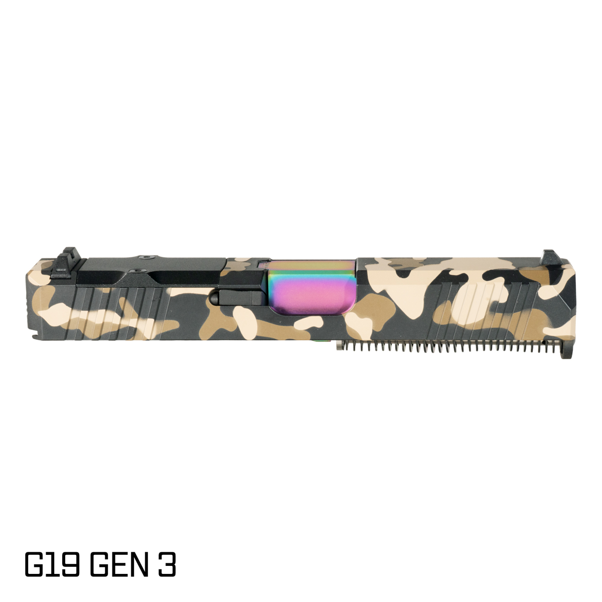 DTT Stiffler MFG Valkyrie Crowned Rainbow PVD Barrel G19 Gen 1-3 Compatible 9MM 416R Stainless Steel Dark Camo Cerakote Complete Slide Kit