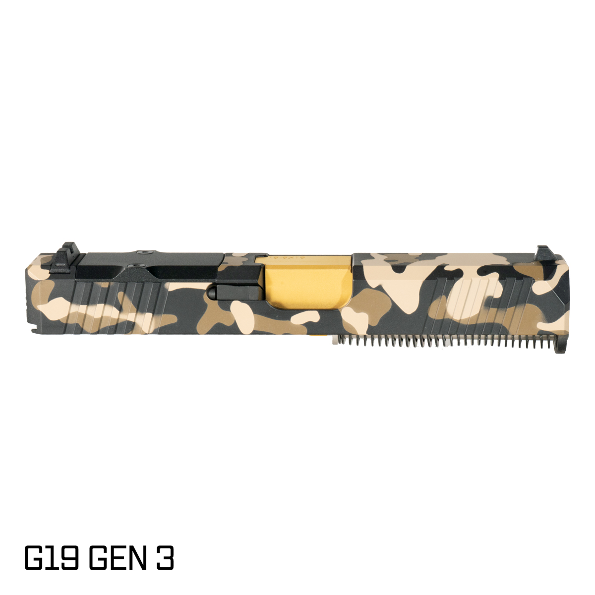 DTT Stiffler MFG Valkyrie Crowned Gold TiN Barrel G19 Gen 1-3 Compatible 9MM 416R Stainless Steel Dark Camo Cerakote Complete Slide Kit