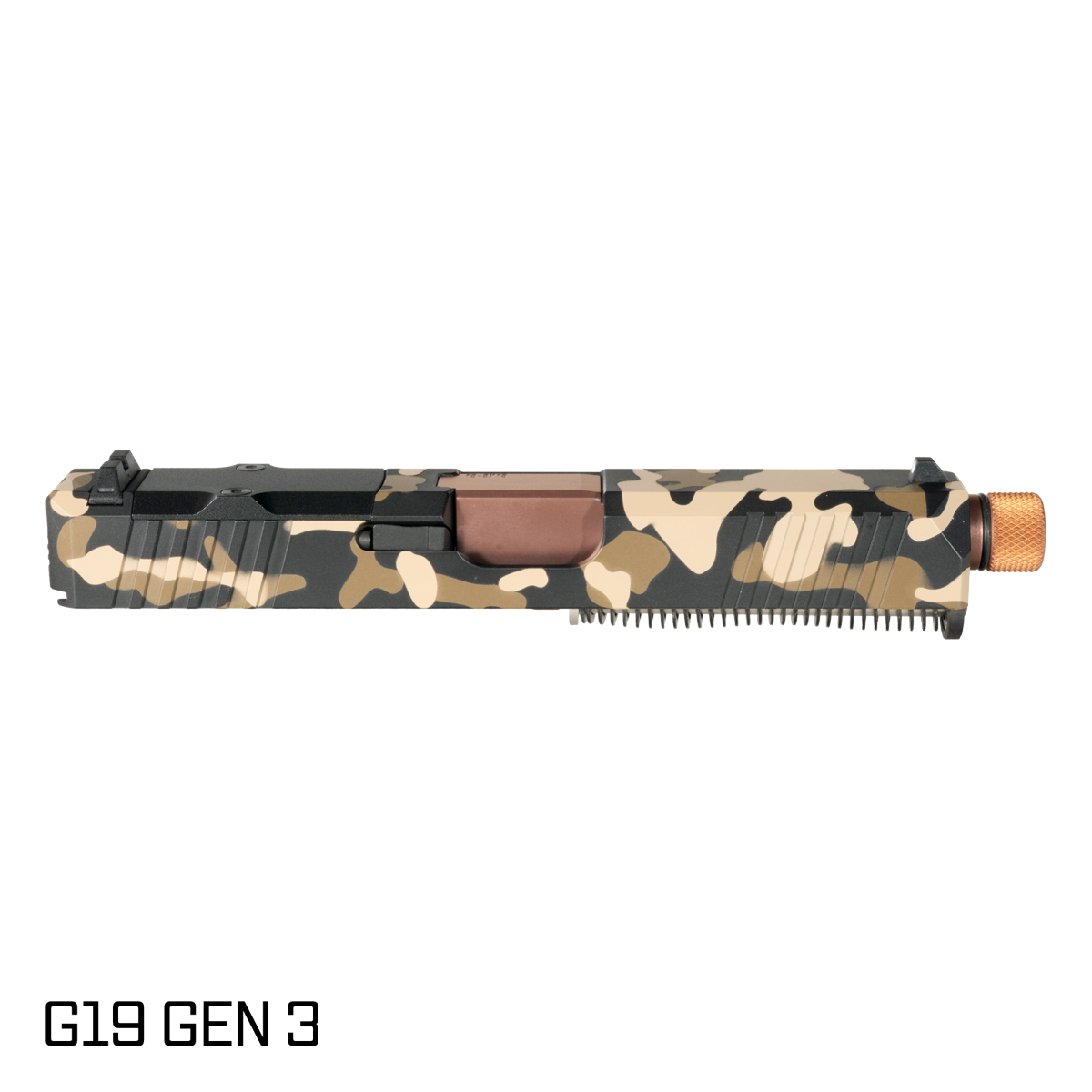 Stiffler MFG Valkyrie Threaded Copper PVD Barrel G19 Gen 1-3 Compatible 9MM 416R Stainless Steel Dark Camo Cerakote Complete Slide Kit