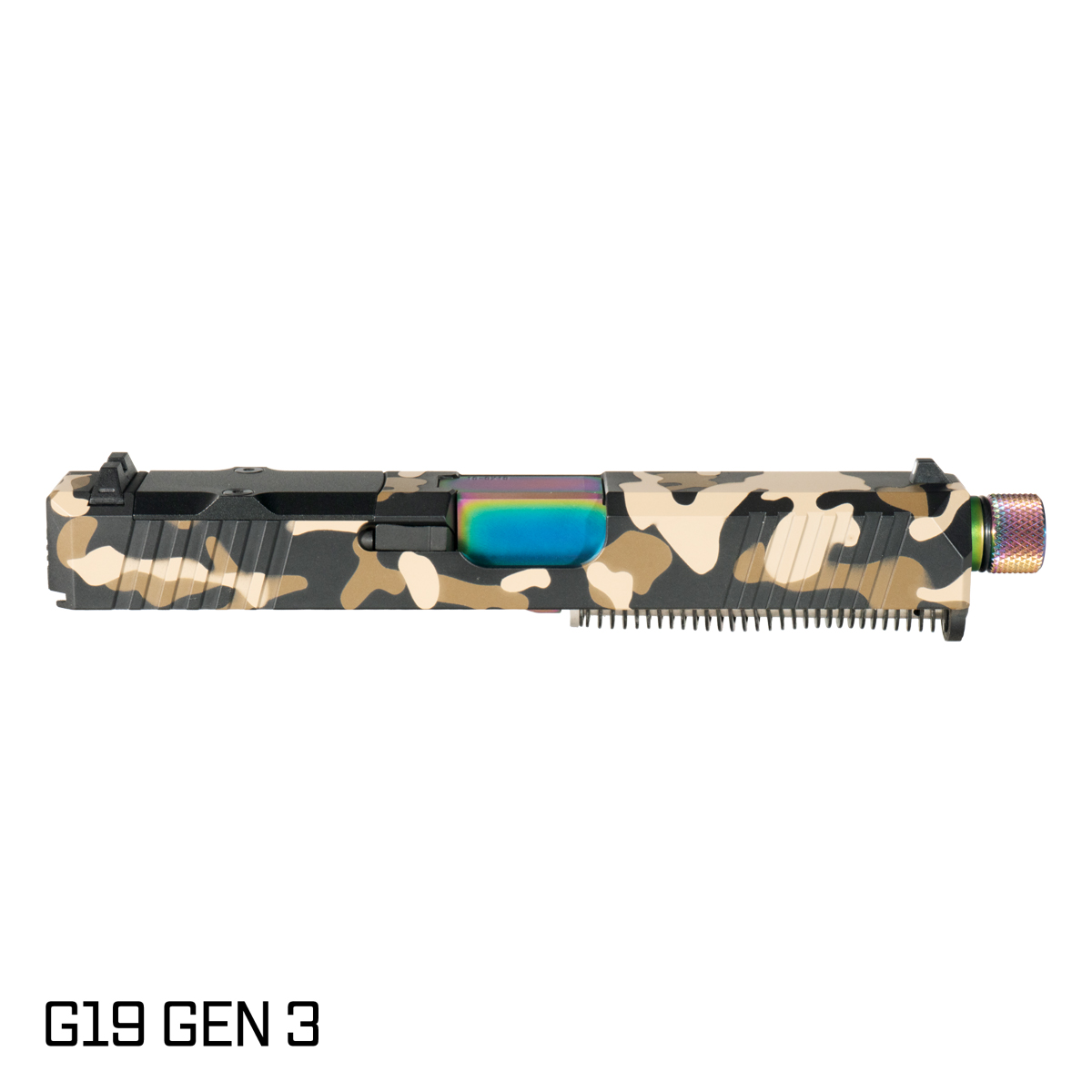 Davidson Defense Valkyrie Threaded Rainbow PVD Barrel G19 Gen 1-3 Compatible 9MM 416R Stainless Steel Dark Camo Cerakote Complete Slide Kit