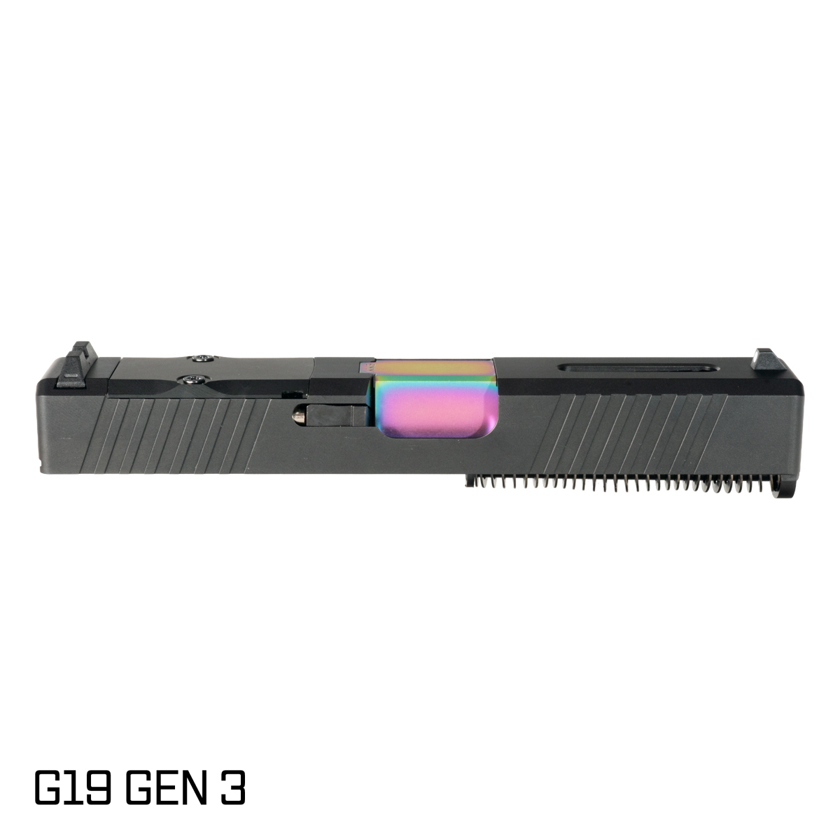 Davidson Defense Blemished 'Ol Reliable Crowned Rainbow PVD Barrel G19 Gen 1-3 Compatible 9MM Stainless Steel Top Window Cut Black Nitride Complete Slide Kit