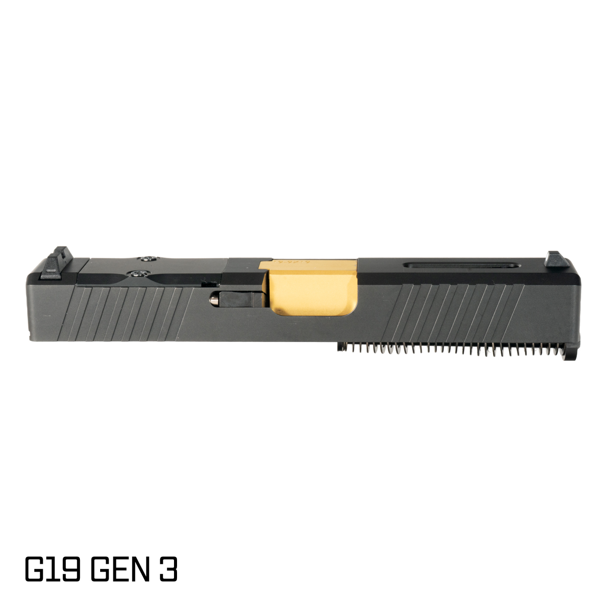 Davidson Defense Blemished 'Ol Reliable Crowned Gold TiN Barrel G19 Gen 1-3 Compatible 9MM Stainless Steel Top Window Cut Black Nitride Complete Slide Kit