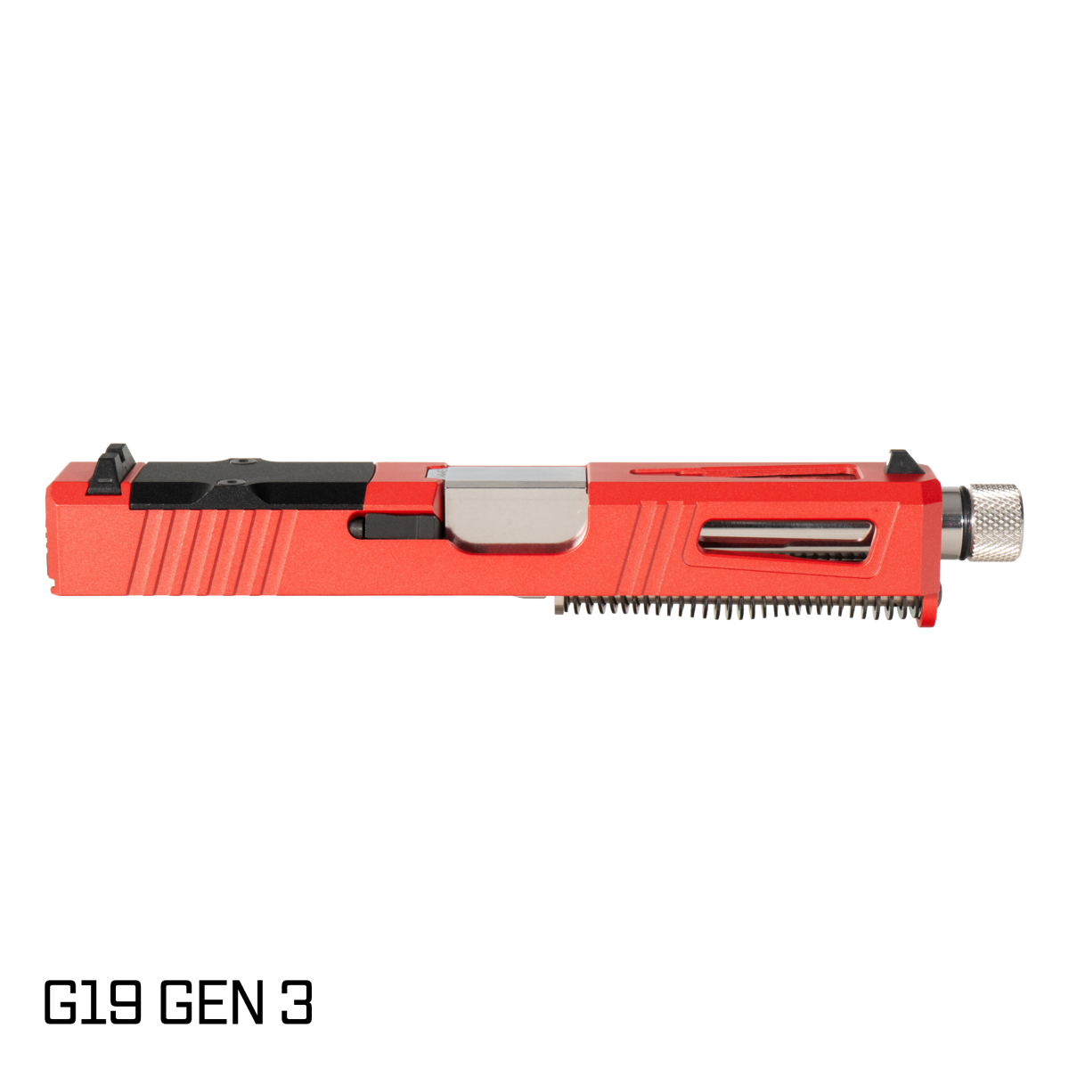 DTT Stiffler MFG Blemished Lionheart Threaded Polished Stainless Barrel G19 Gen 1-3 Compatible 9MM 17-4 Stainless Steel Top Window Cut Red Crimson Cerakote Complete Slide Kit