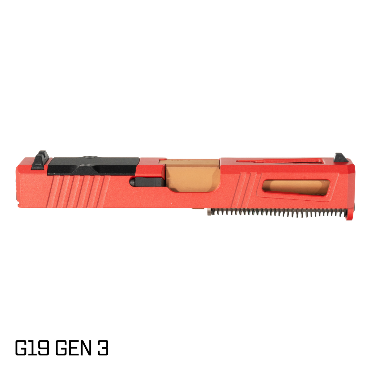 DTT Stiffler MFG Blemished Lionheart Crowned Copper PVD Barrel G19 Gen 1-3 Compatible 9MM 17-4 Stainless Steel Top Window Cut Red Crimson Cerakote Complete Slide Kit