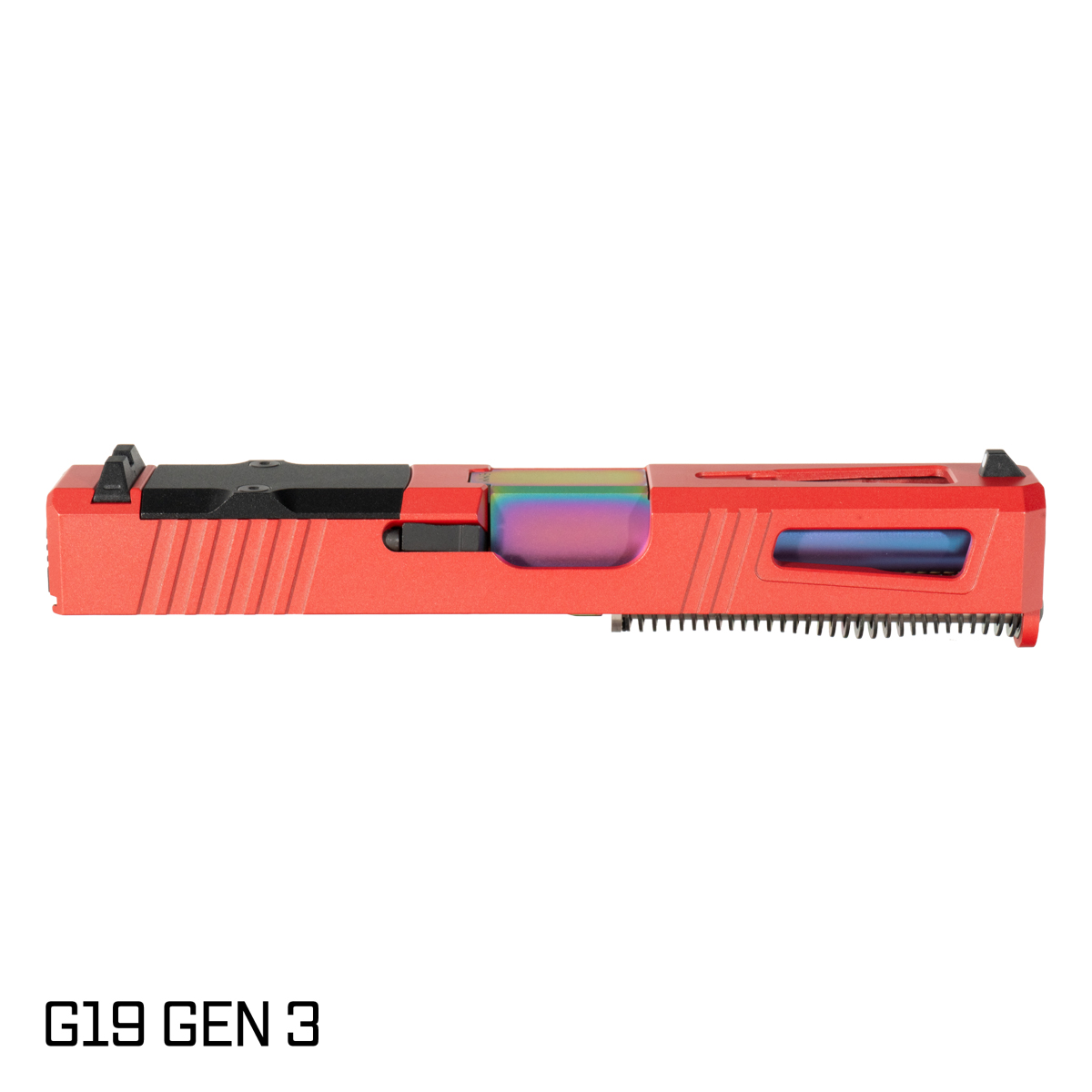DTT Stiffler MFG Blemished Lionheart Crowned Rainbow PVD Barrel G19 Gen 1-3 Compatible 9MM 17-4 Stainless Steel Top Window Cut Red Crimson Cerakote Complete Slide Kit