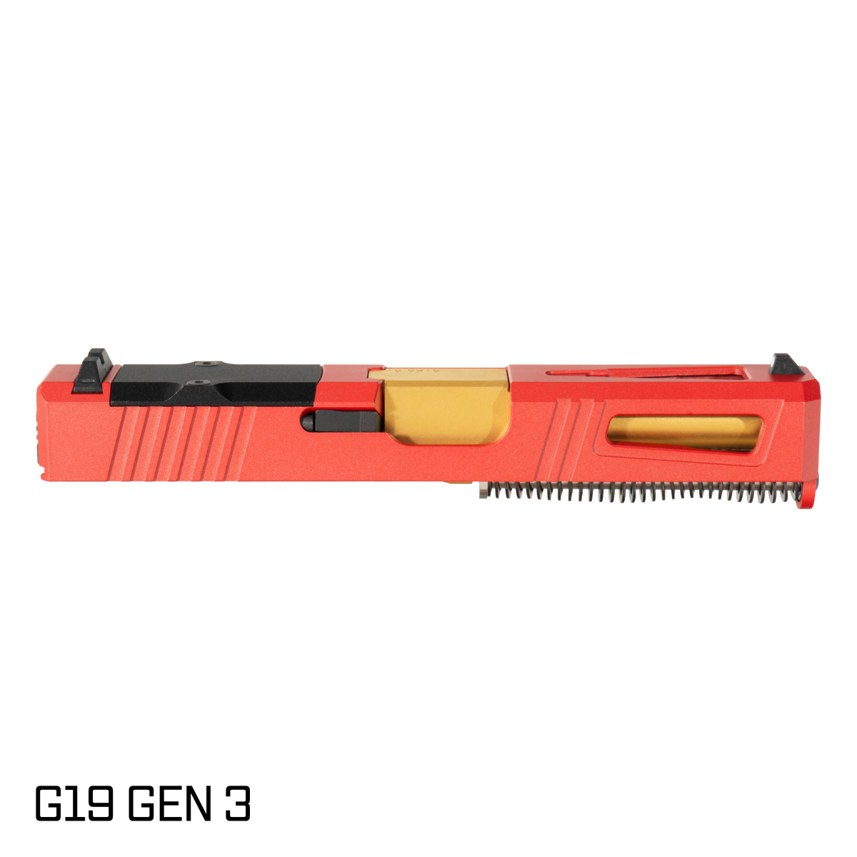 DTT Stiffler MFG Blemished Lionheart Crowned Gold TiN Barrel G19 Gen 1-3 Compatible 9MM 17-4 Stainless Steel Top Window Cut Red Crimson Cerakote Complete Slide Kit