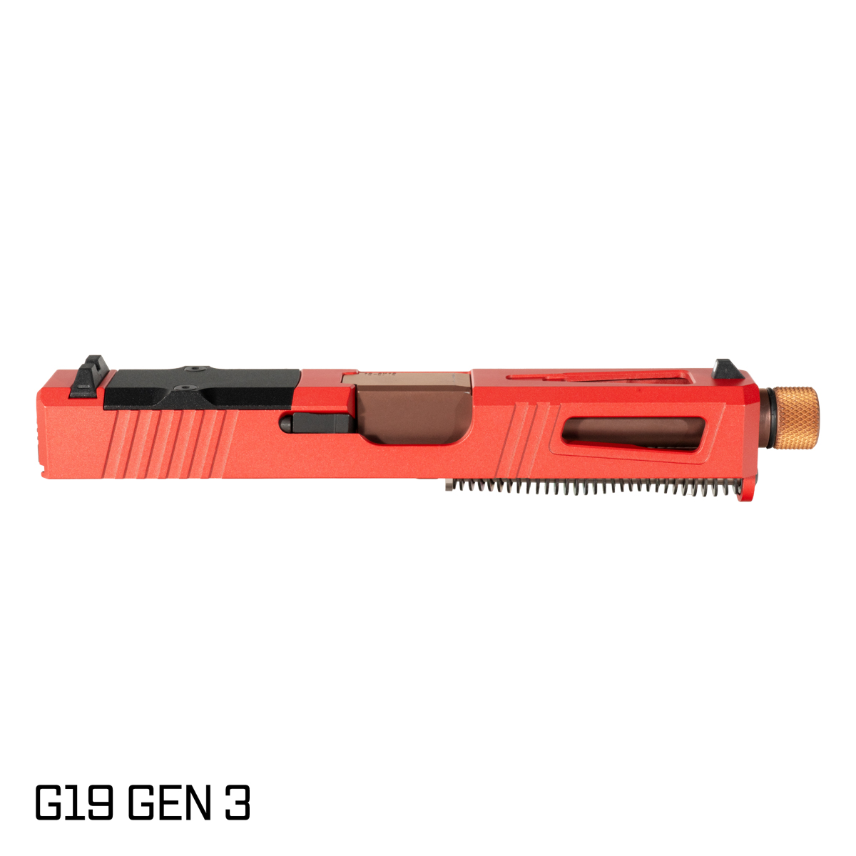 DTT Stiffler MFG Blemished Lionheart Threaded Copper PVD Barrel G19 Gen 1-3 Compatible 9MM 17-4 Stainless Steel Top Window Cut Red Crimson Cerakote Complete Slide Kit