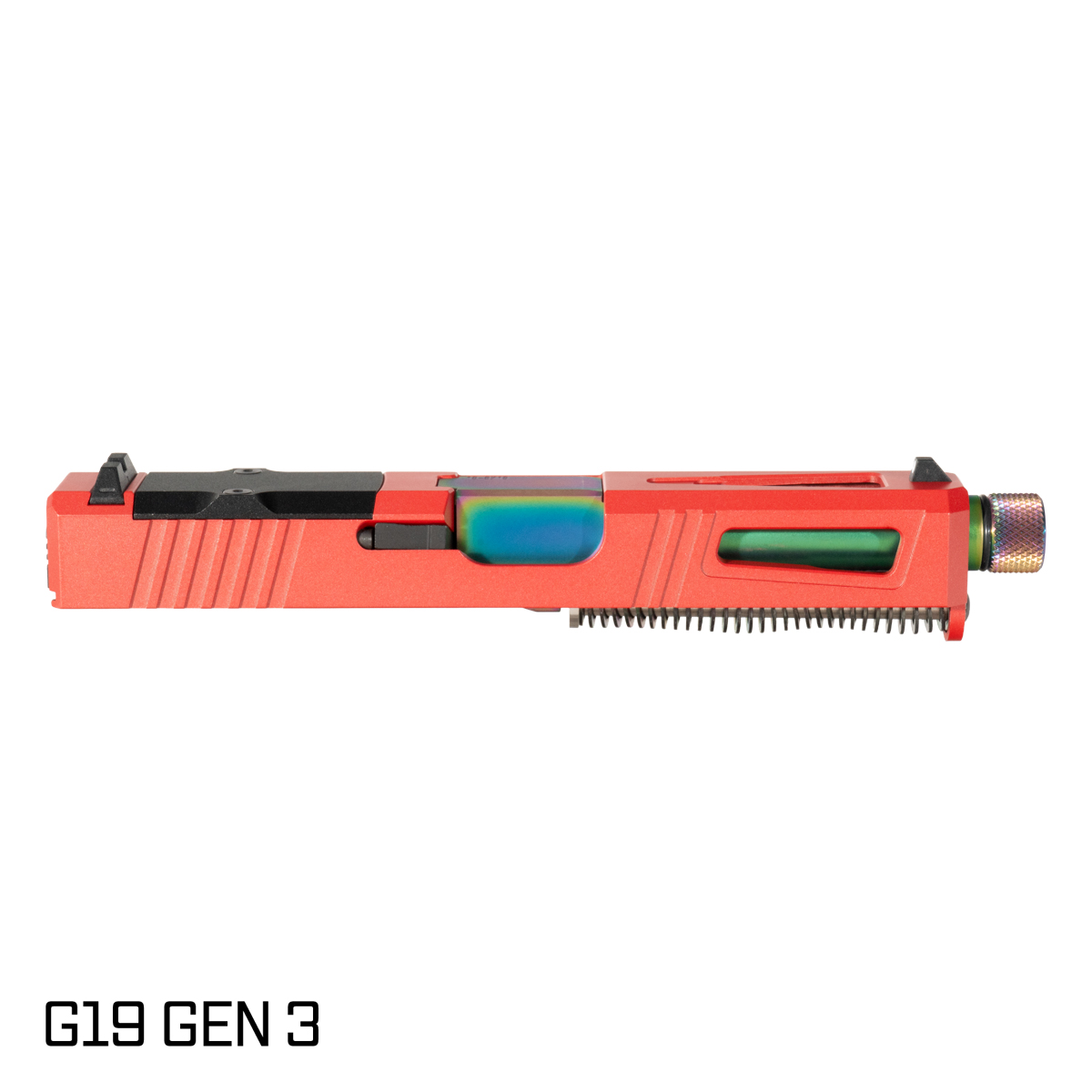 DTT Stiffler MFG Blemished Lionheart Threaded Rainbow PVD Barrel G19 Gen 1-3 Compatible 9MM 17-4 Stainless Steel Top Window Cut Red Crimson Cerakote Complete Slide Kit