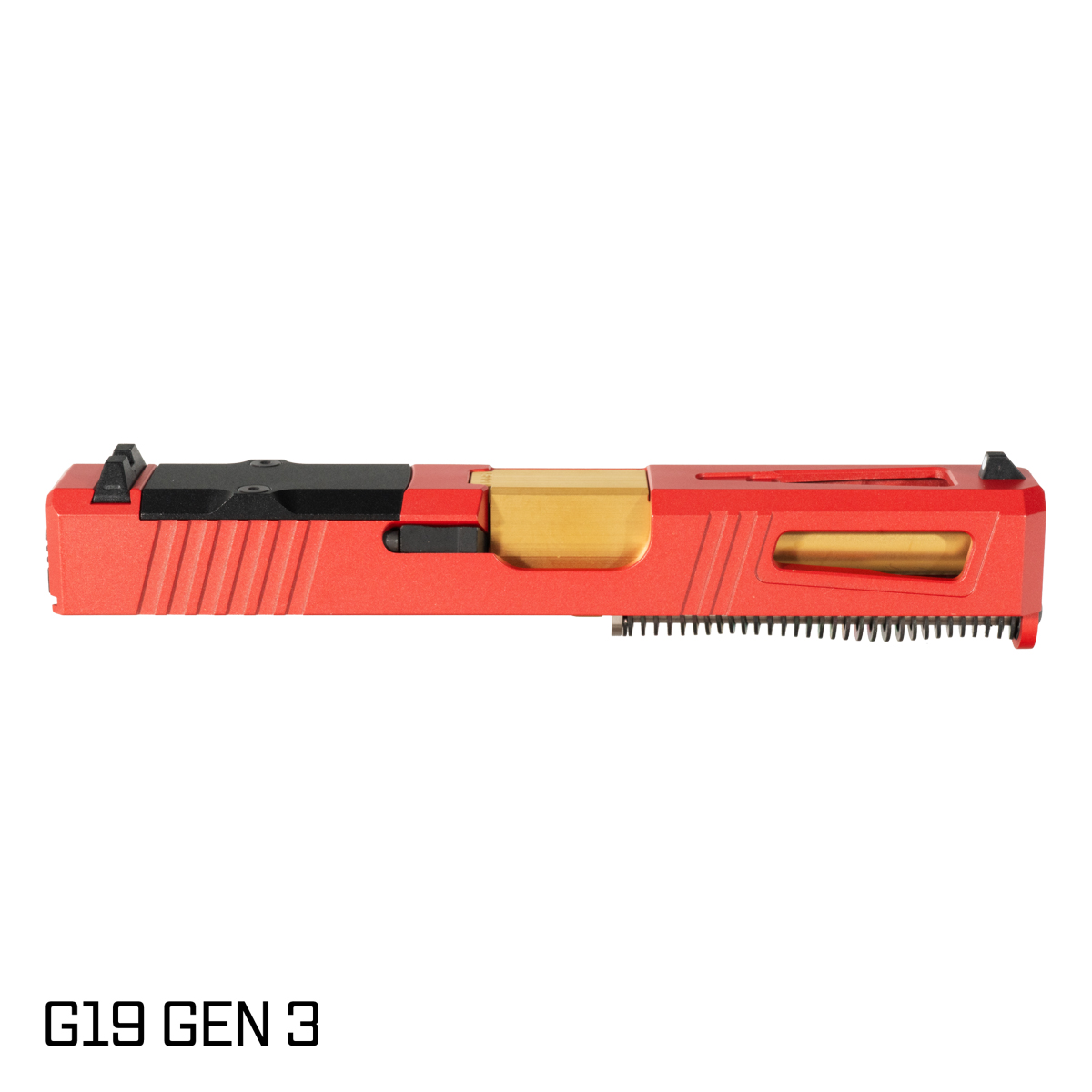 DTT Stiffler MFG Blemished Lionheart Ported Gold TiN Barrel G19 Gen 1-3 Compatible 9MM 17-4 Stainless Steel Top Window Cut Red Crimson Cerakote Complete Slide Kit