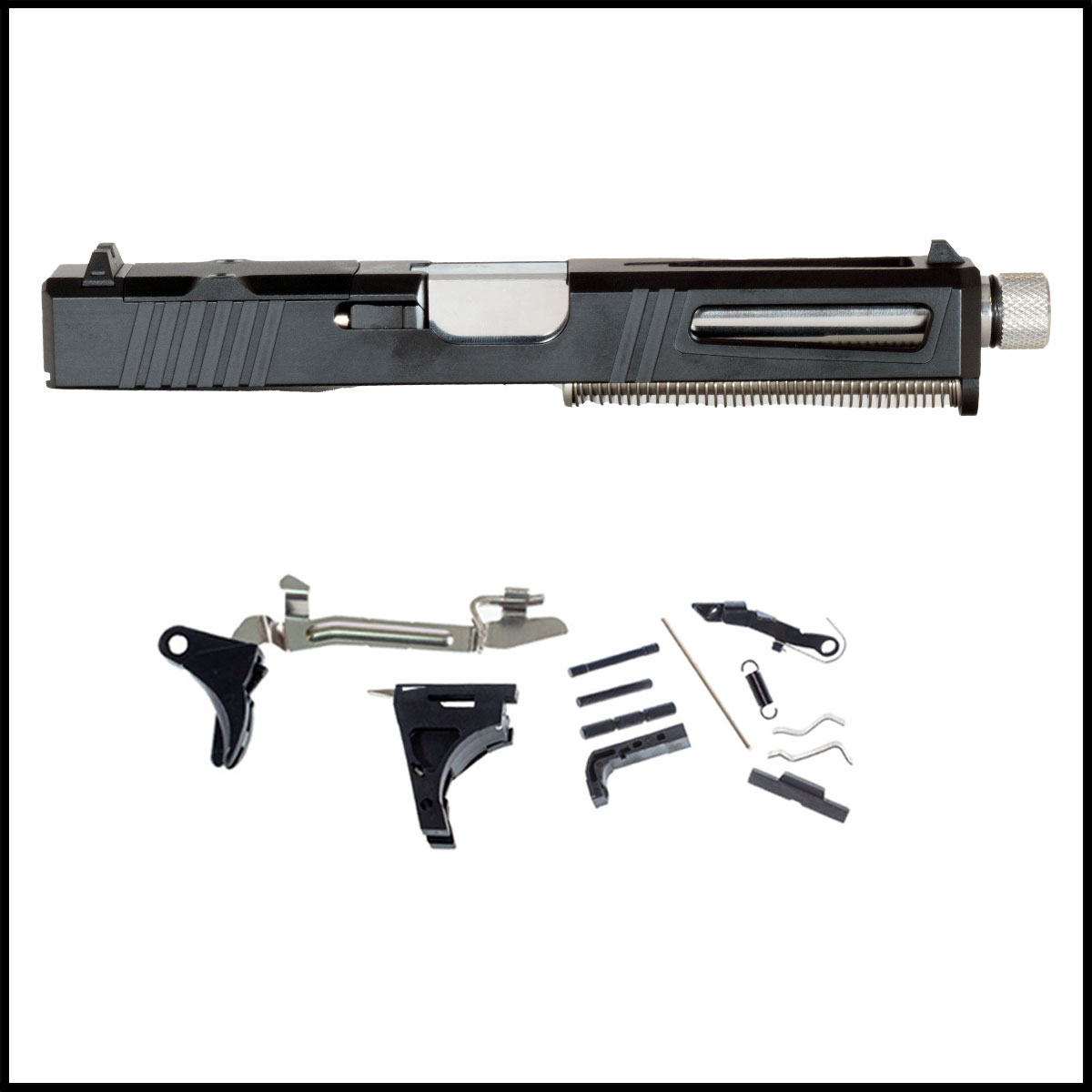 DTT Stiffler MFG Lionheart-Black-Silver Threaded Barrel Glock 17 Compatible Full Pistol Build Kit (Everything Minus Frame)