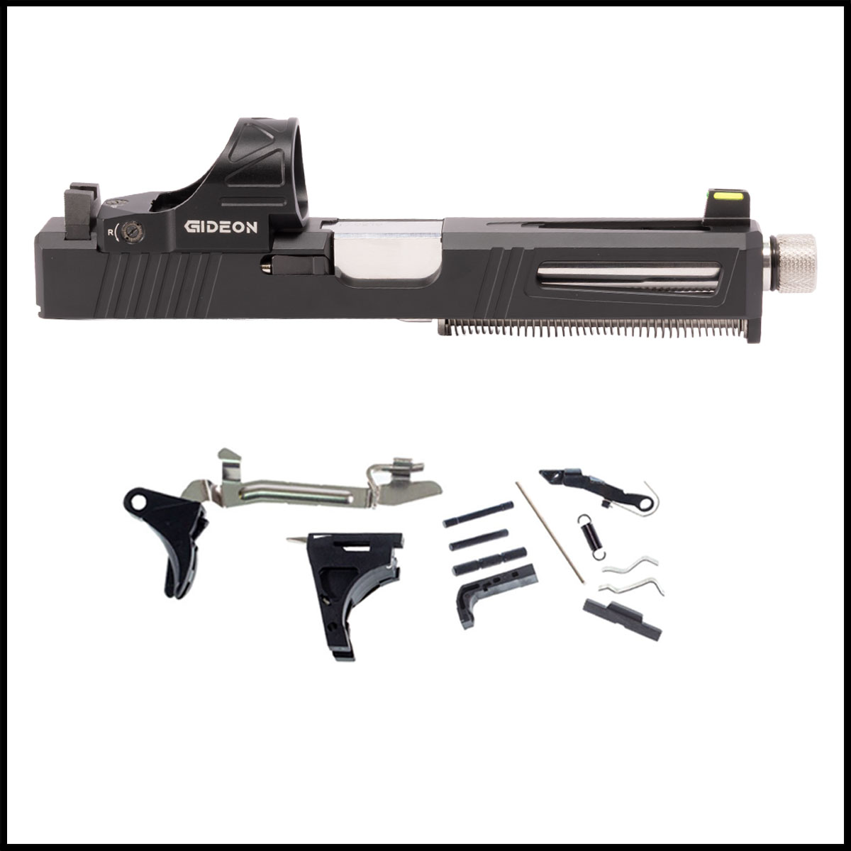 DTT Stiffler MFG Lionheart-Black-Silver Threaded Barrel Glock 17 Compatible Full Pistol Build Kit (Everything Minus Frame) w/ Gideon Optics Omega Single Red Dot