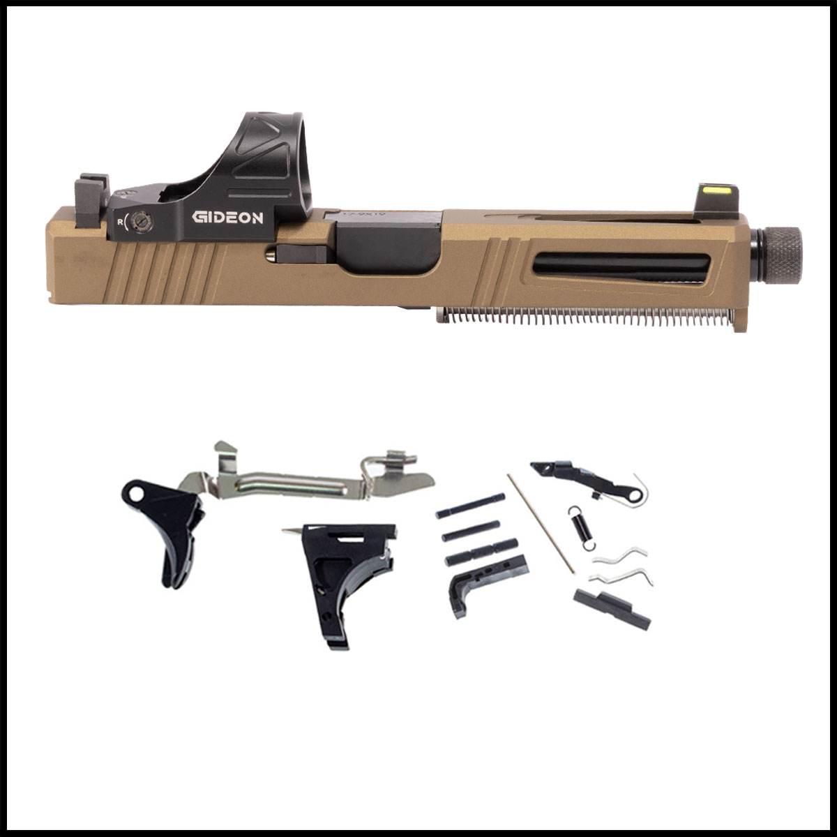 DTT Stiffler MFG Lionheart-Burnt Bronze-Nitrided Threaded Barrel Glock 17 Compatible Full Pistol Build Kit (Everything Minus Frame) w/ Gideon Optics Omega Red Dot Sight