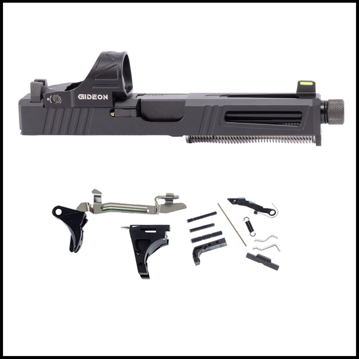 DTT Stiffler MFG Lionheart-Black-Nitrided Threaded Barrel Glock 17 Compatible Full Pistol Build Kit (Everything Minus Frame) w/ Gideon Optics Red Dot Sight