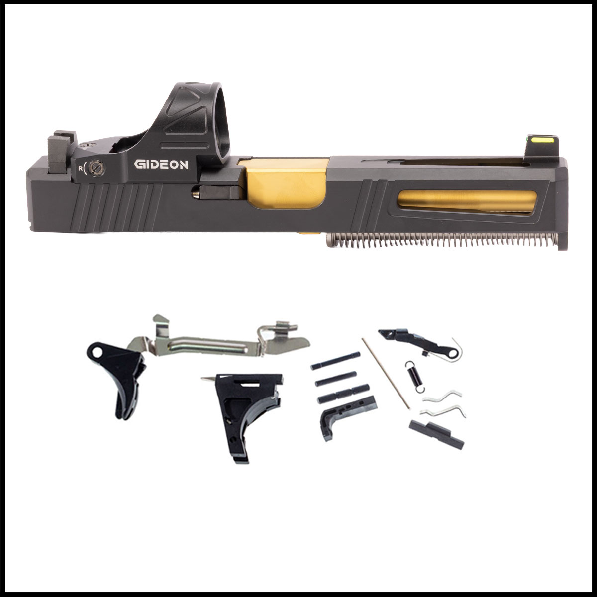 DTT Stiffler MFG Lionheart-Black-Gold Barrel Glock 17 Compatible Full Pistol Build Kit (Everything Minus Frame) w/ Gideon Optics Omega Red Dot Sight