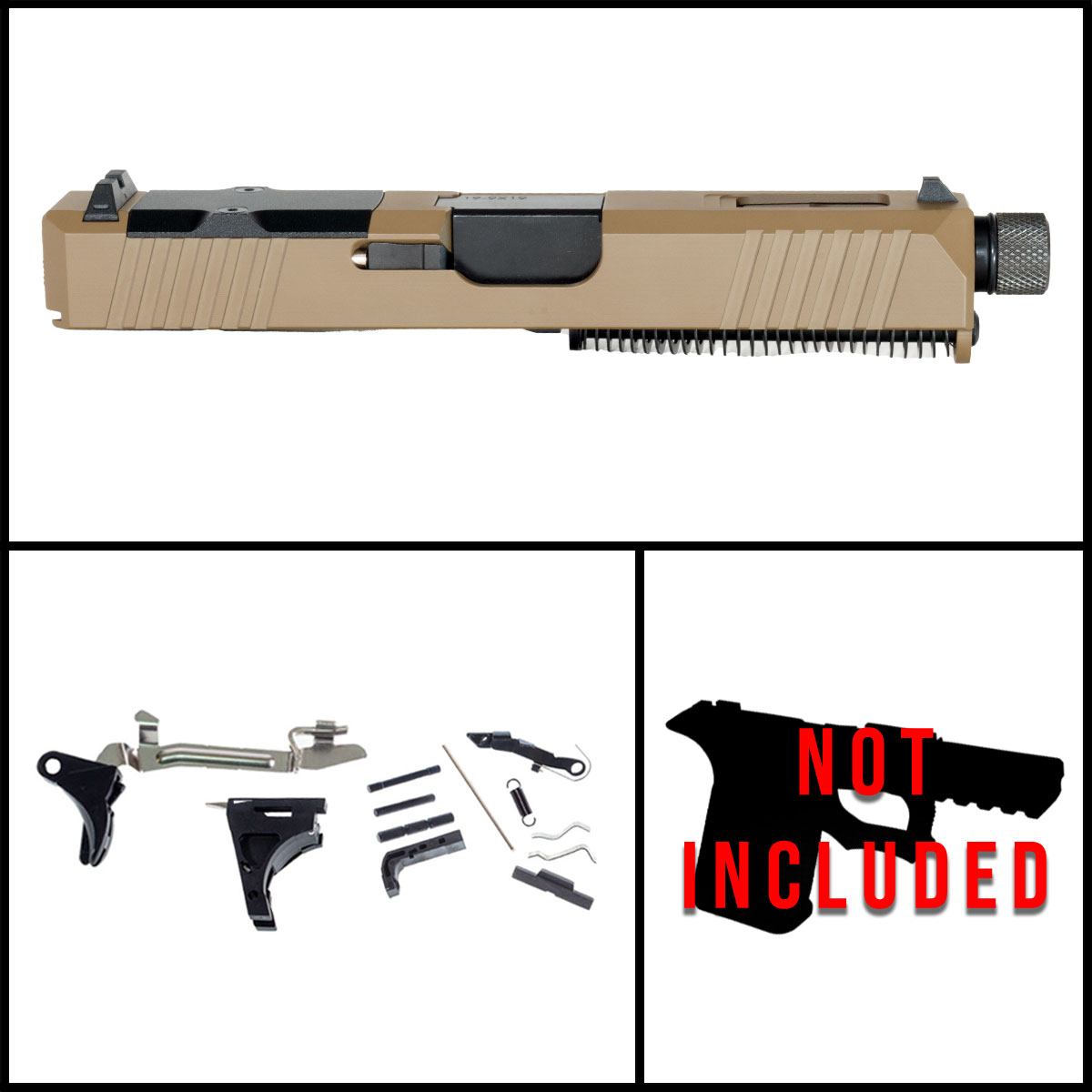 DTT Dark Earth 19 w/ Theaded Barrel Glock 19 Compatible Full Pistol Build Kit (Everything Minus Frame)