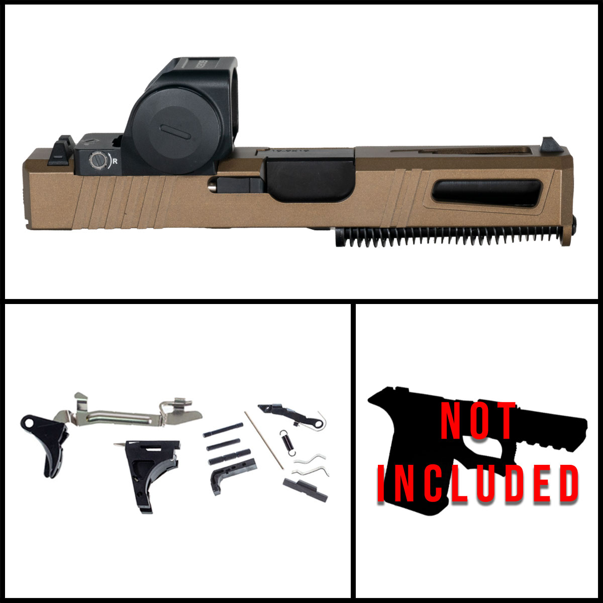 DTT Stiffler MFG Competitor in Burnt Bronze with Crown Cut Nitride Barrel 9mm Glock 19 Compatible Full Pistol Build Kit (Everything Minus Frame) Ft. Gideon Optics Granite (RMR Footprint) Competition Single Red Dot