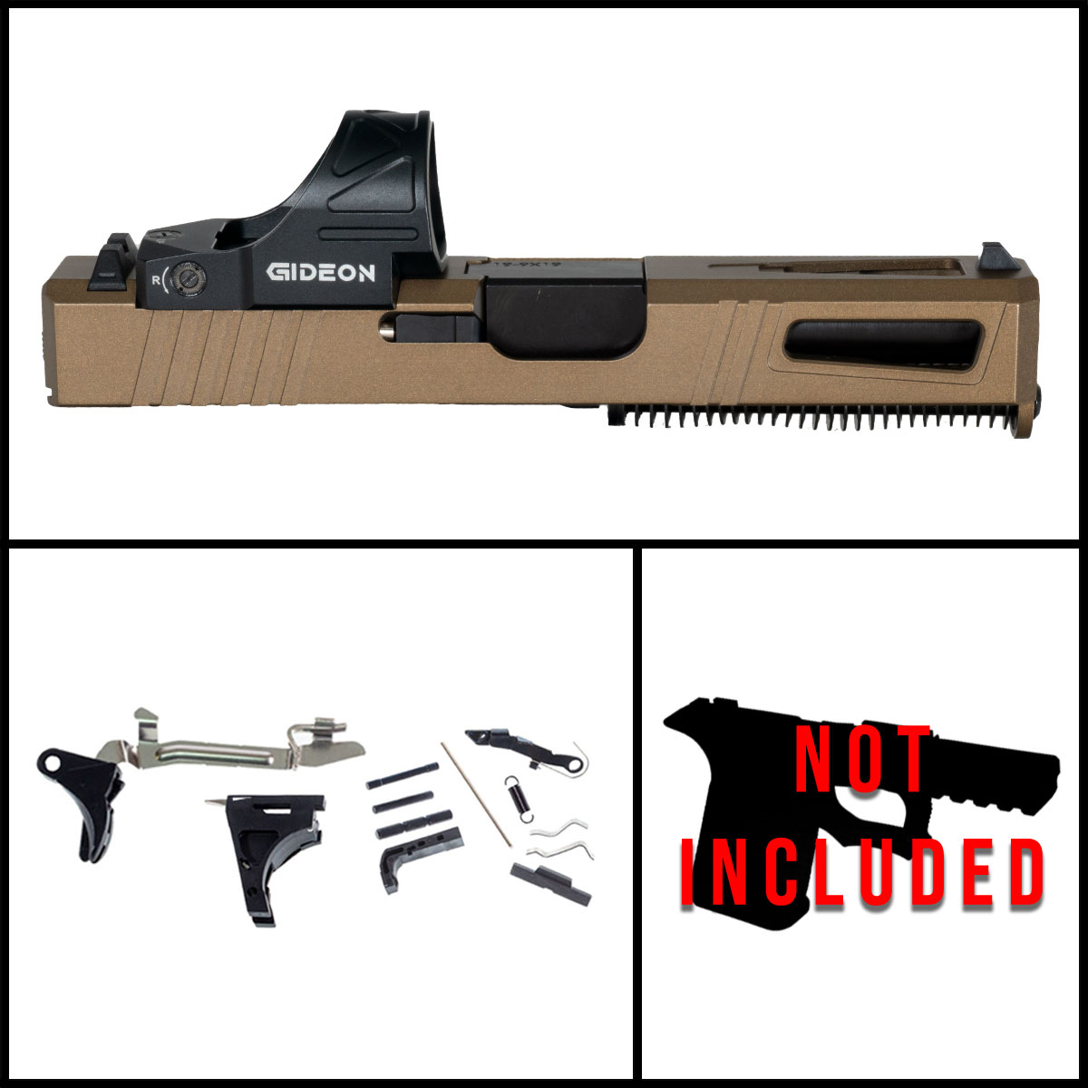 DTT Stiffler MFG Competitor in Burnt Bronze with Crown Cut Nitride Barrel 9mm Glock 19 Compatible Full Pistol Build Kit (Everything Minus Frame) Ft. Gideon Optics Omega (SRO Compatible) Single Red Dot