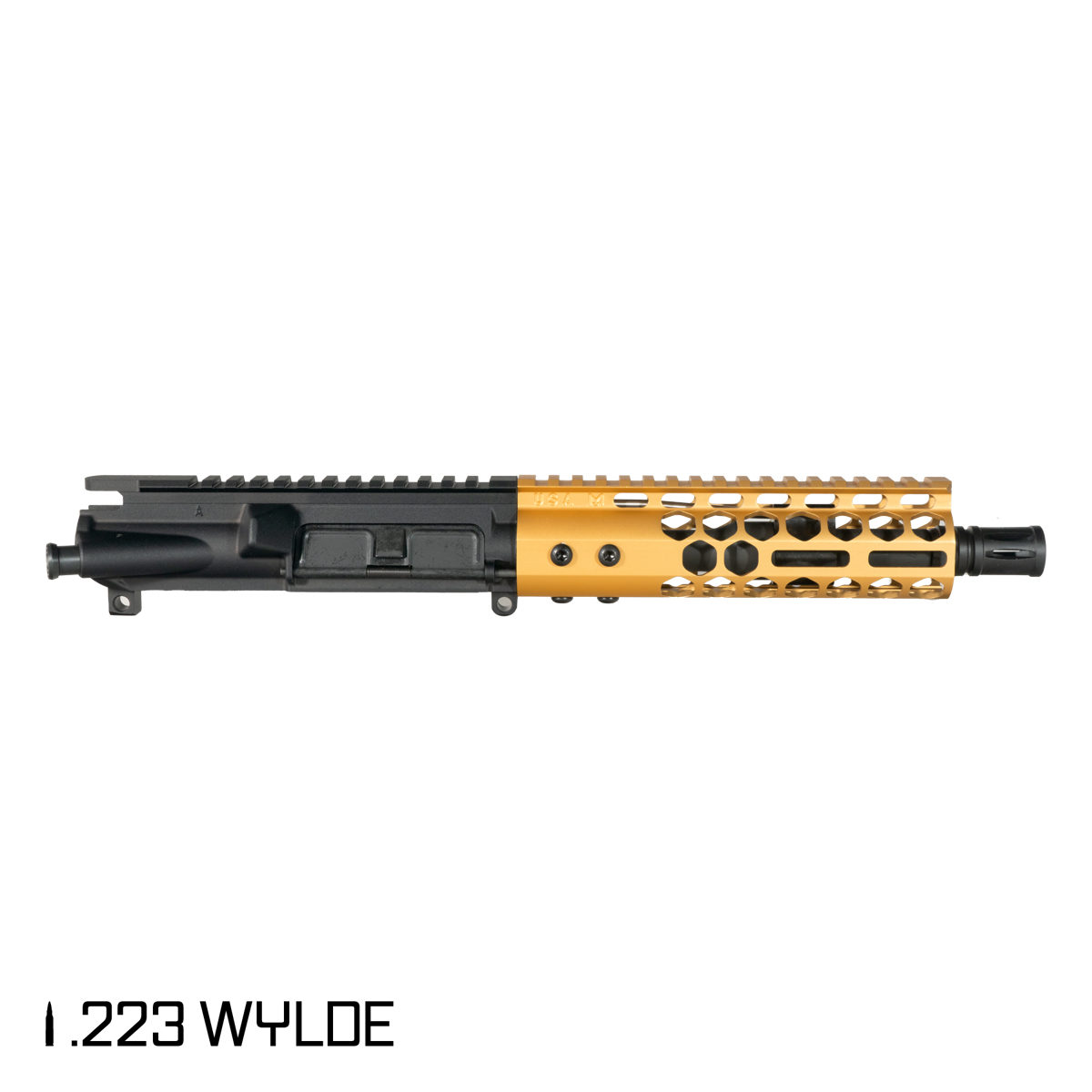 Davidsion Defense Lightshow Anodized Gold 7.5-inch Pistol-Gas 1:7 .223 Wylde AR-15 Freefloat M-Lok Handguard Pistol Upper Build Kit