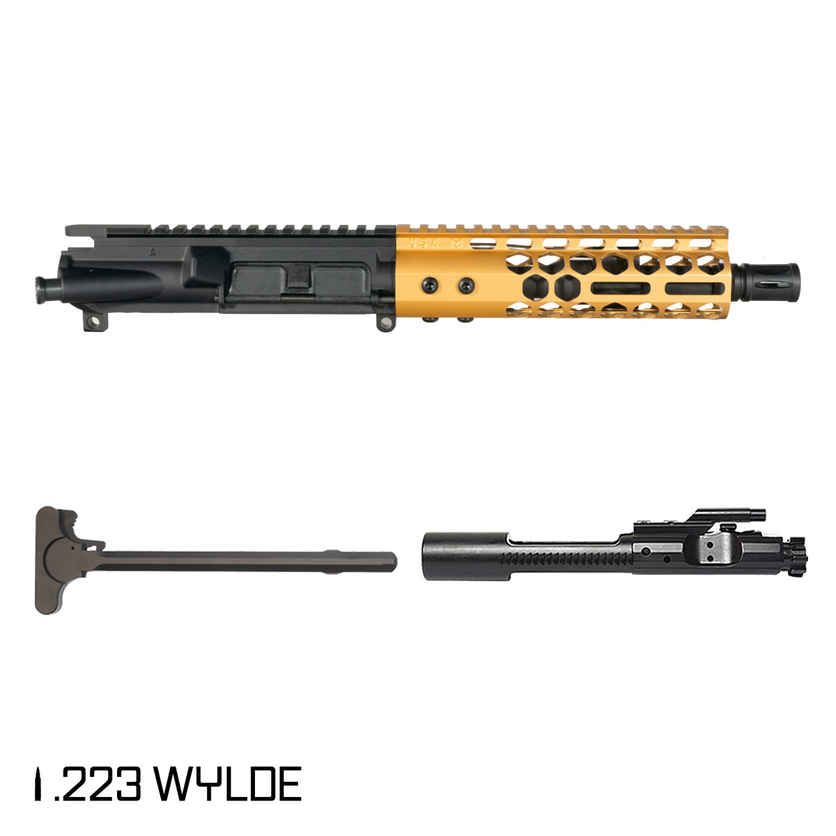 Davidson Defense Lightshow Anodized Gold 7.5-inch Pistol-Gas 1:7 .223 Wylde AR-15 Freefloat M-Lok Handguard Pistol Complete Upper Build