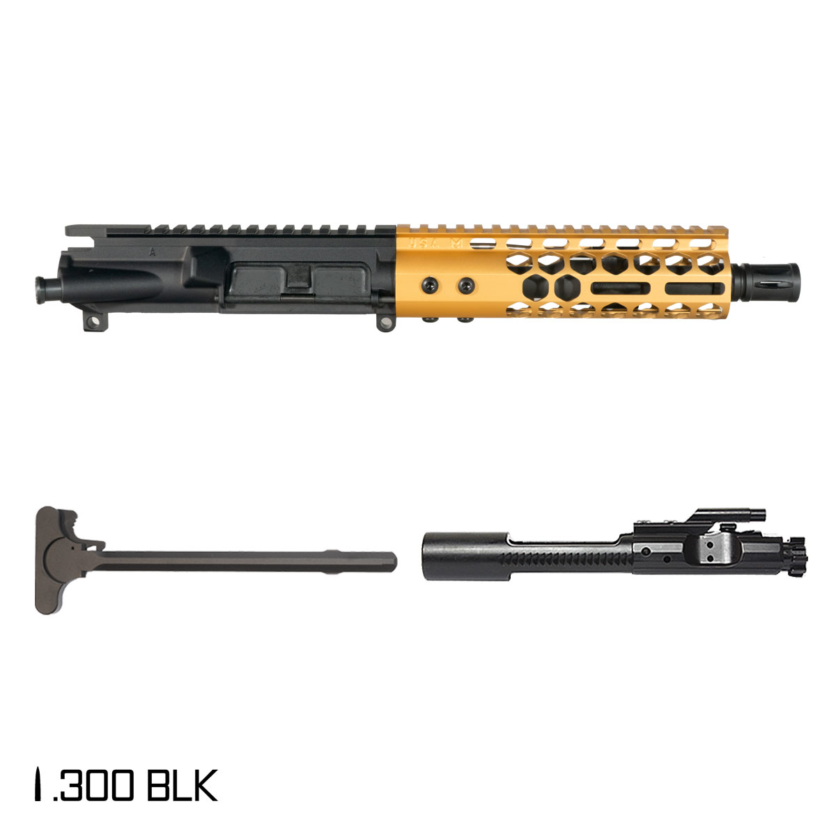 Davidson Defense Lightshow Anodized Gold 7.5-inch Pistol-Gas 1:8 .300 BLK AR-15 Freefloat M-Lok Handguard Pistol Complete Upper Build
