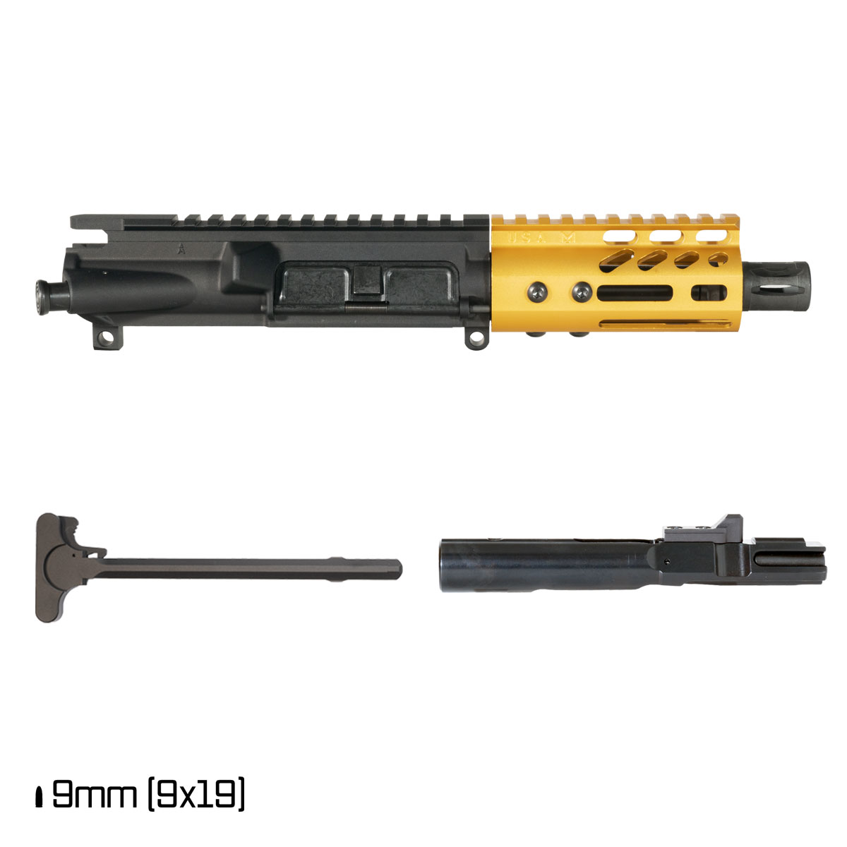 Davidson Defense Lightshow Anodized Gold 4.5-inch 1:10 9MM AR-9 Freefloat M-Lok Handguard Pistol Complete Upper Build