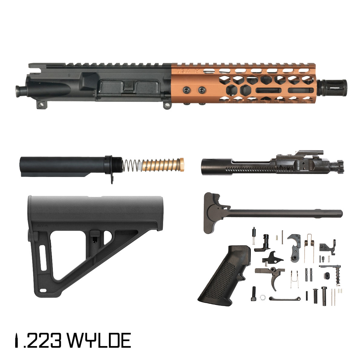 Davidson Defense Lightshow Anodized Bronze w/Magpul BTR Brace 7.5-inch Pistol-Gas 1:7 .223 Wylde AR-15 Freefloat M-Lok Handguard Pistol Full Build Kit