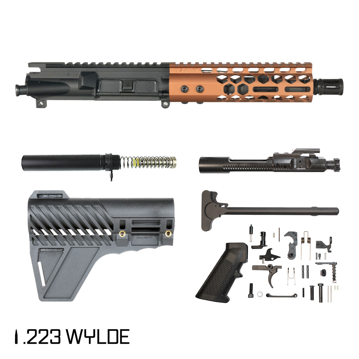 Davidson Defense Lightshow Anodized Bronze w/Gauntlet Arms Brace 7.5-inch Pistol-Gas 1:7 .223 Wylde AR-15 Freefloat M-Lok Handguard Pistol Full Build Kit