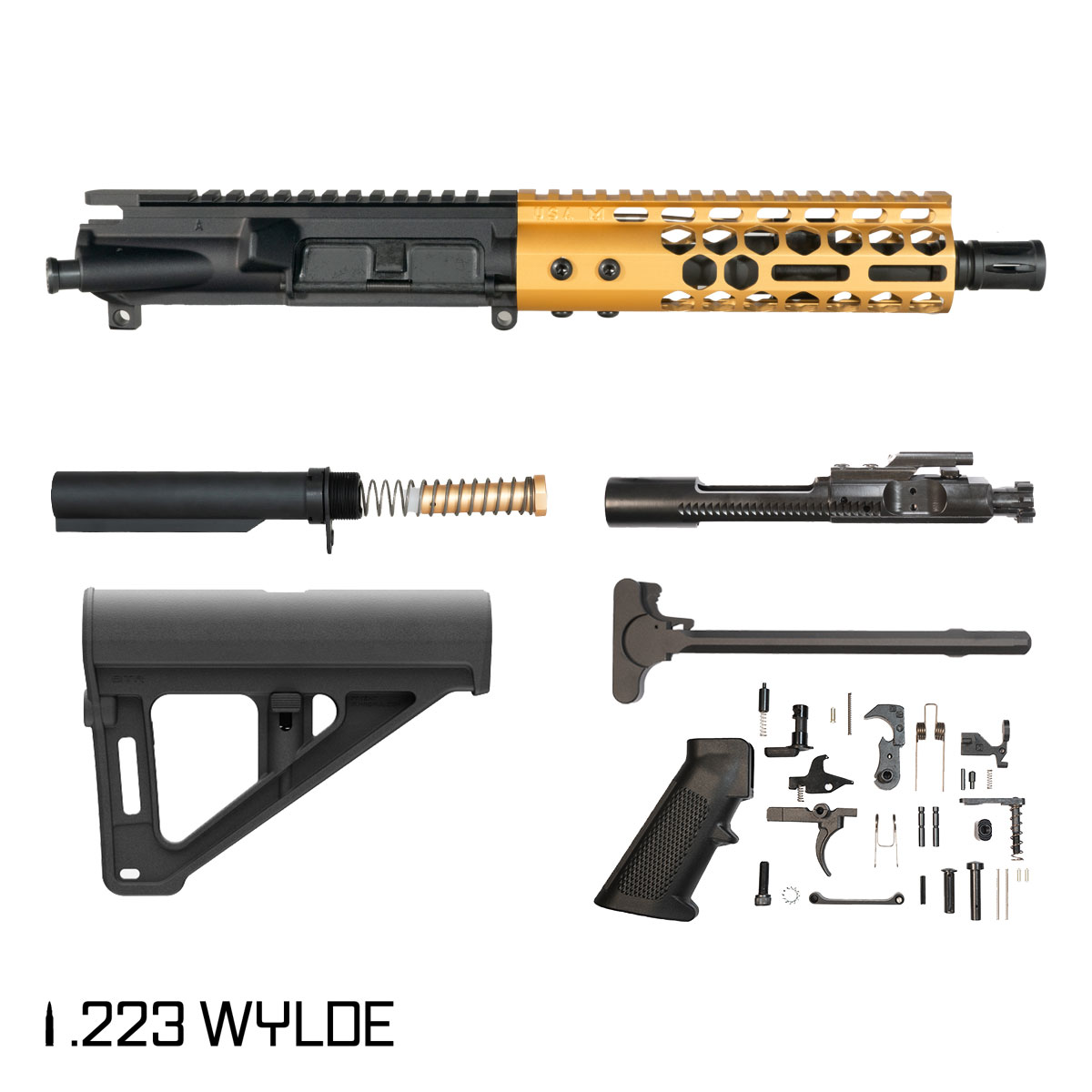 Davidson Defense Lightshow Anodized Gold w/Magpul BTR Brace 7.5-inch Pistol-Gas 1:7 .223 Wylde AR-15 Freefloat M-Lok Handguard Pistol Full Build Kit