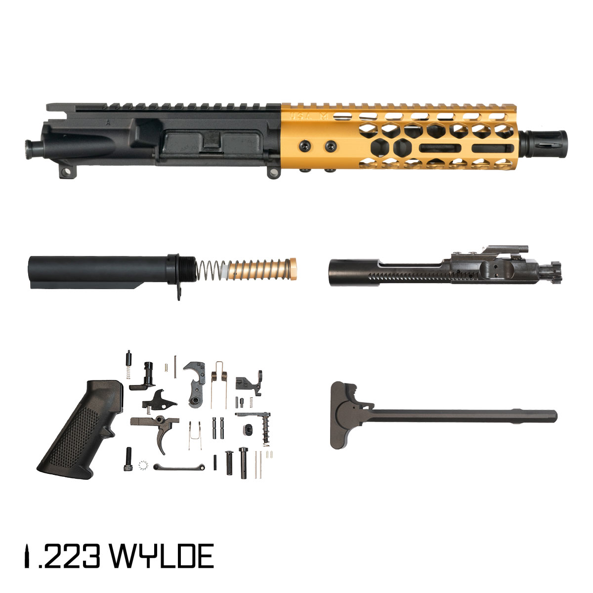 Davidson Defense Lightshow Anodized Gold 7.5-inch Pistol-Gas 1:7 .223 Wylde AR-15 Freefloat M-Lok Handguard Pistol Full Build Kit, SBR Ready
