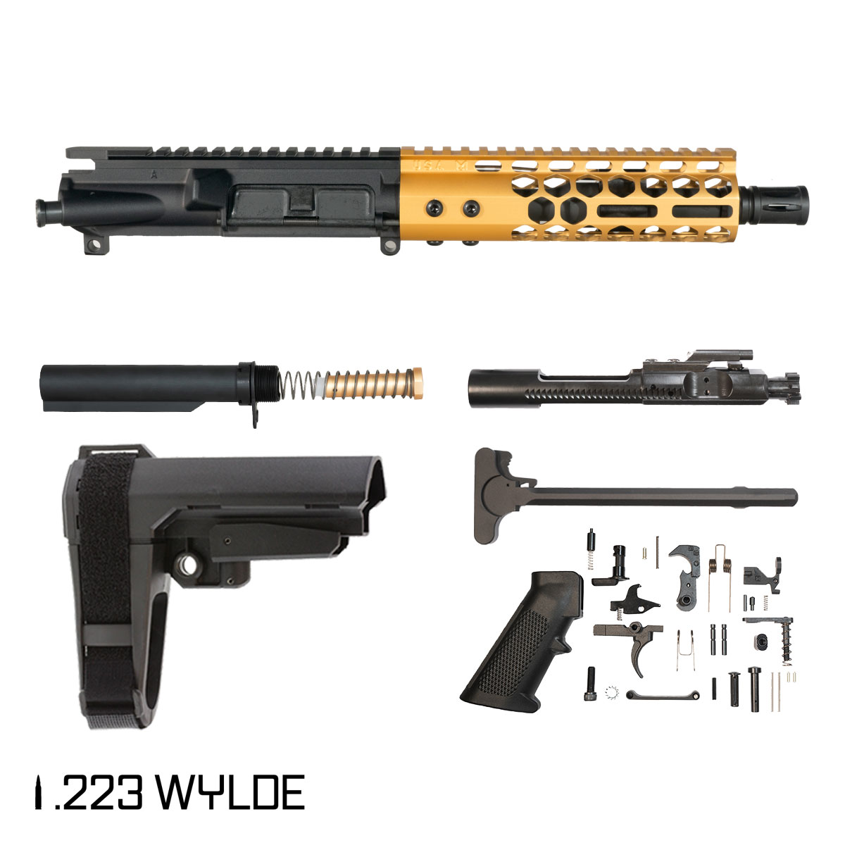Davidson Defense Lightshow Anodized Gold w/SBA3 Brace 7.5-inch Pistol-Gas 1:7 .223 Wylde AR-15 Freefloat M-Lok Handguard Pistol Full Build Kit