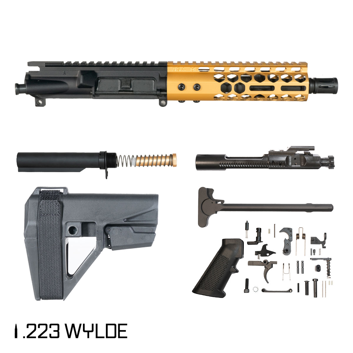 Davidson Defense Lightshow Anodized Gold w/SBA5 Brace 7.5-inch Pistol-Gas 1:7 .223 Wylde AR-15 Freefloat M-Lok Handguard Pistol Full Build Kit