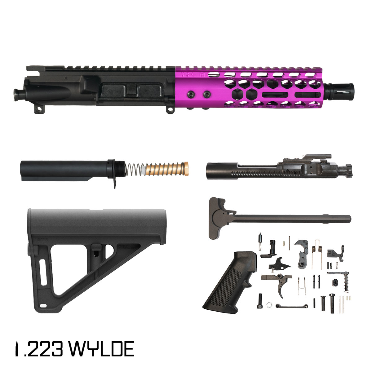 Davidson Defense Lightshow Anodized Purple w/Magpul BTR Brace 7.5-inch Pistol-Gas 1:7 .223 Wylde AR-15 Freefloat M-Lok Handguard Pistol Full Build Kit