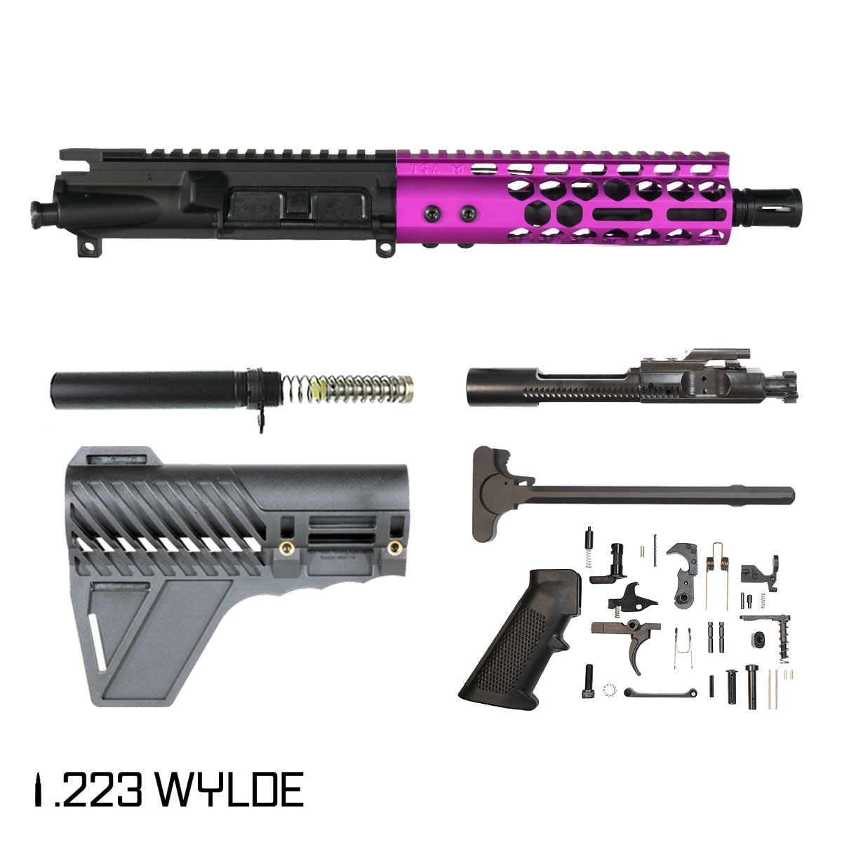 Davidson Defense Lightshow Anodized Purple w/Gauntlet Arms Brace 7.5-inch Pistol-Gas 1:7 .223 Wylde AR-15 Freefloat M-Lok Handguard Pistol Full Build Kit