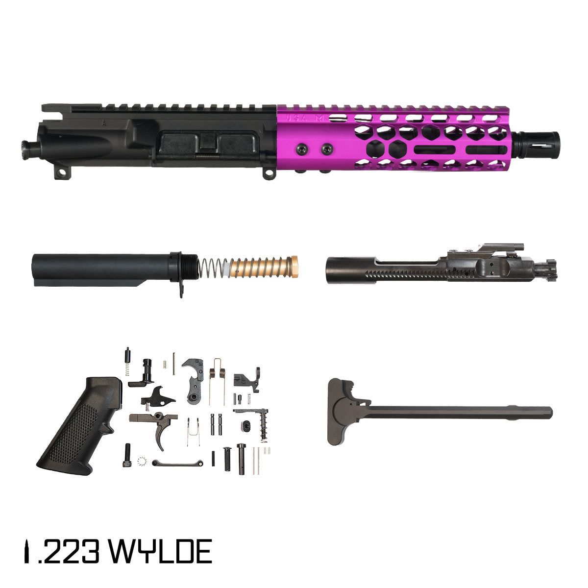 Davidson Defense Lightshow Anodized Purple 7.5-inch Pistol-Gas 1:7 .223 Wylde AR-15 Freefloat M-Lok Handguard Pistol Full Build Kit, SBR Ready