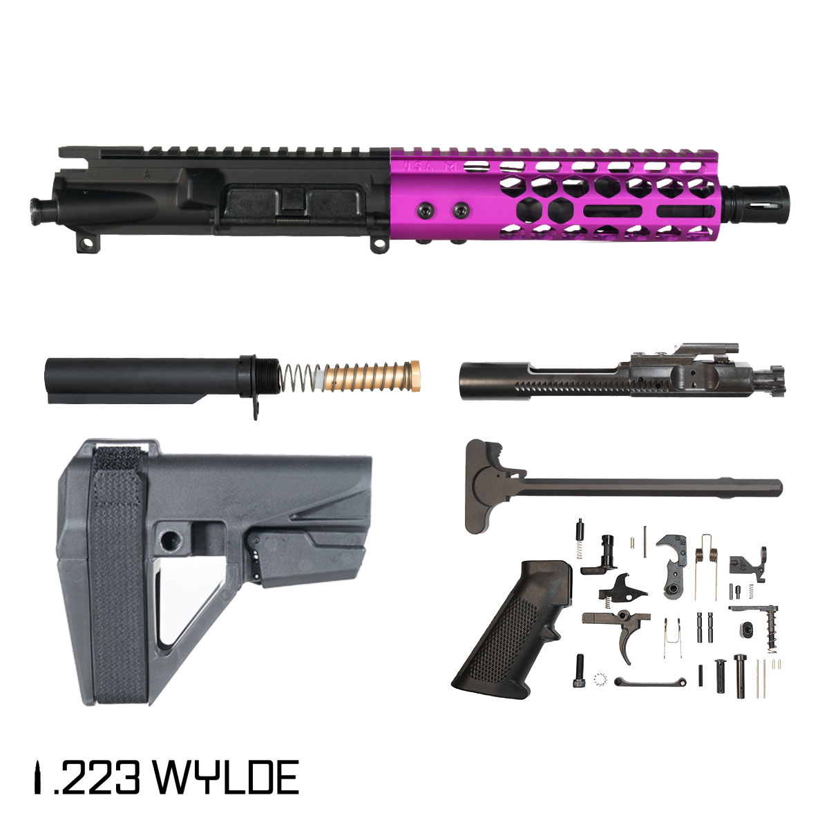 Davidson Defense Lightshow Anodized Purple w/SBA5 Brace 7.5-inch Pistol-Gas 1:7 .223 Wylde AR-15 Freefloat M-Lok Handguard Pistol Full Build Kit