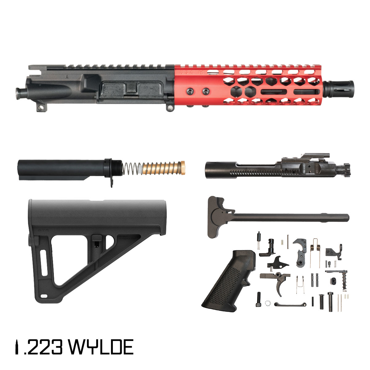 Davidson Defense Lightshow Anodized Red w/Magpul BTR Brace 7.5-inch Pistol-Gas 1:7 .223 Wylde AR-15 Freefloat M-Lok Handguard Pistol Full Build Kit