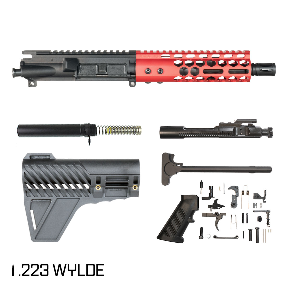 Davidson Defense Lightshow Anodized Red w/Gauntlet Arms Brace 7.5-inch Pistol-Gas 1:7 .223 Wylde AR-15 Freefloat M-Lok Handguard Pistol Full Build Kit