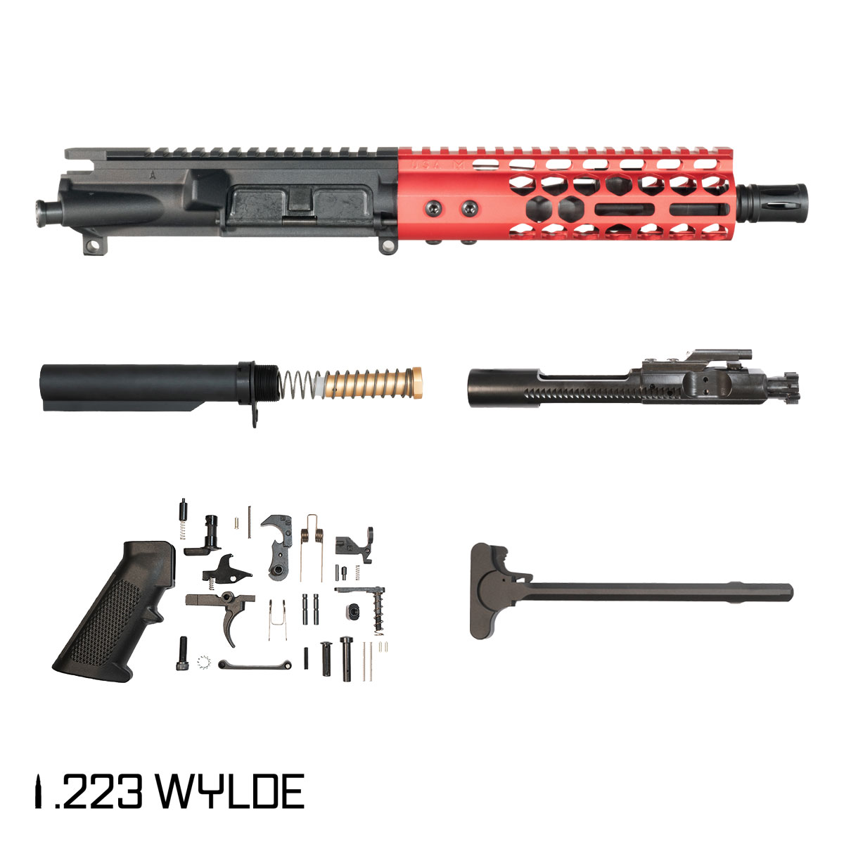 Davidson Defense Lightshow Anodized Red 7.5-inch Pistol-Gas 1:7 .223 Wylde AR-15 Freefloat M-Lok Handguard Pistol Full Build Kit, SBR Ready