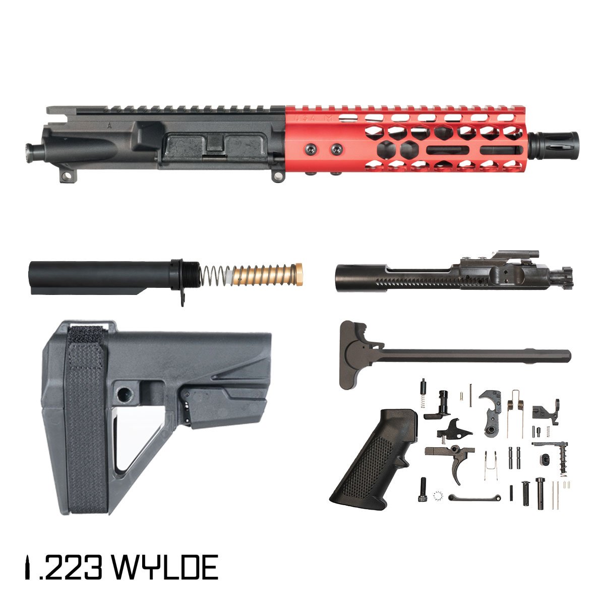 Davidson Defense Lightshow Anodized Red w/SBA5 Brace 7.5-inch Pistol-Gas 1:7 .223 Wylde AR-15 Freefloat M-Lok Handguard Pistol Full Build Kit
