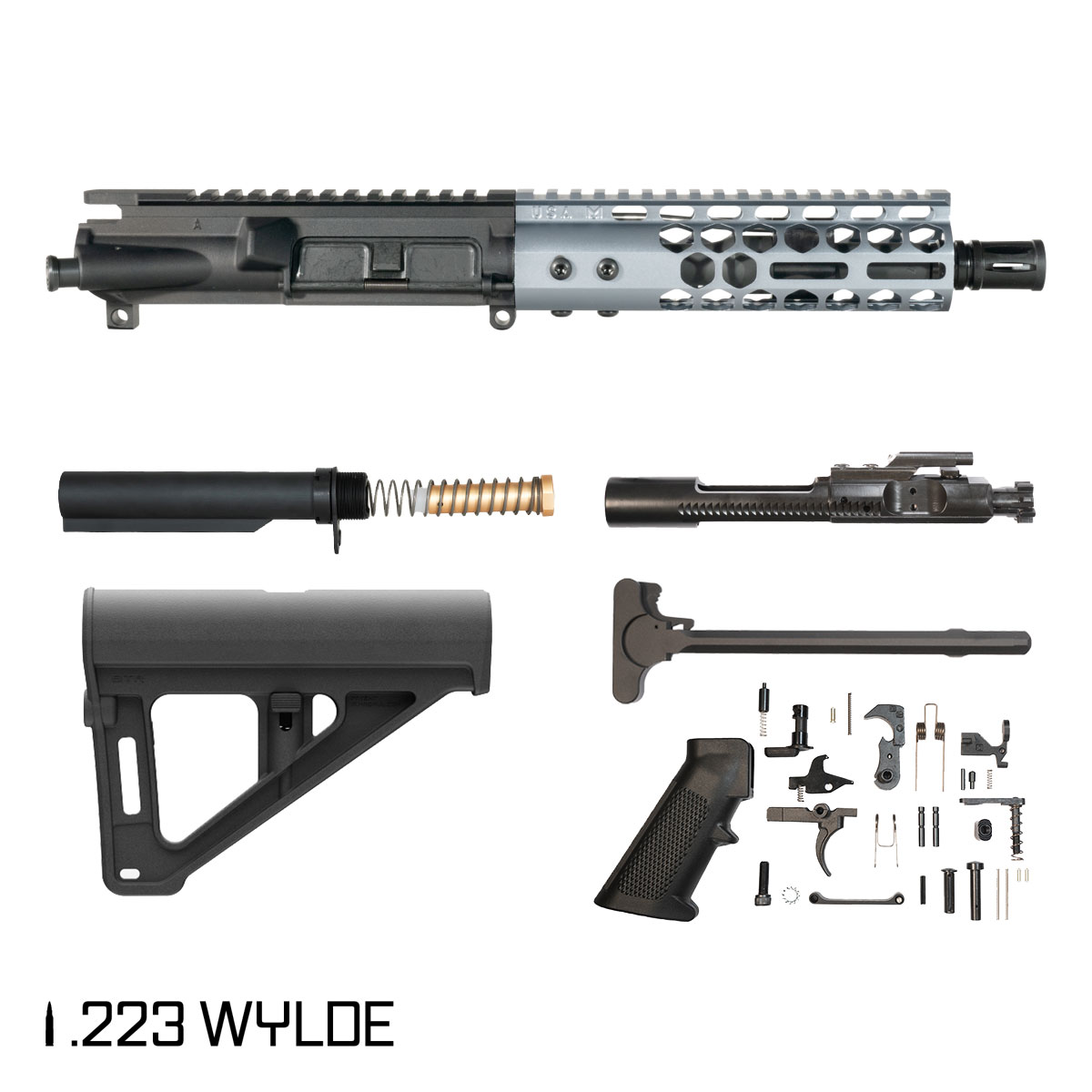 Davidson Defense Lightshow Anodized Grey w/Magpul BTR Brace 7.5-inch Pistol-Gas 1:7 .223 Wylde AR-15 Freefloat M-Lok Handguard Pistol Full Build Kit