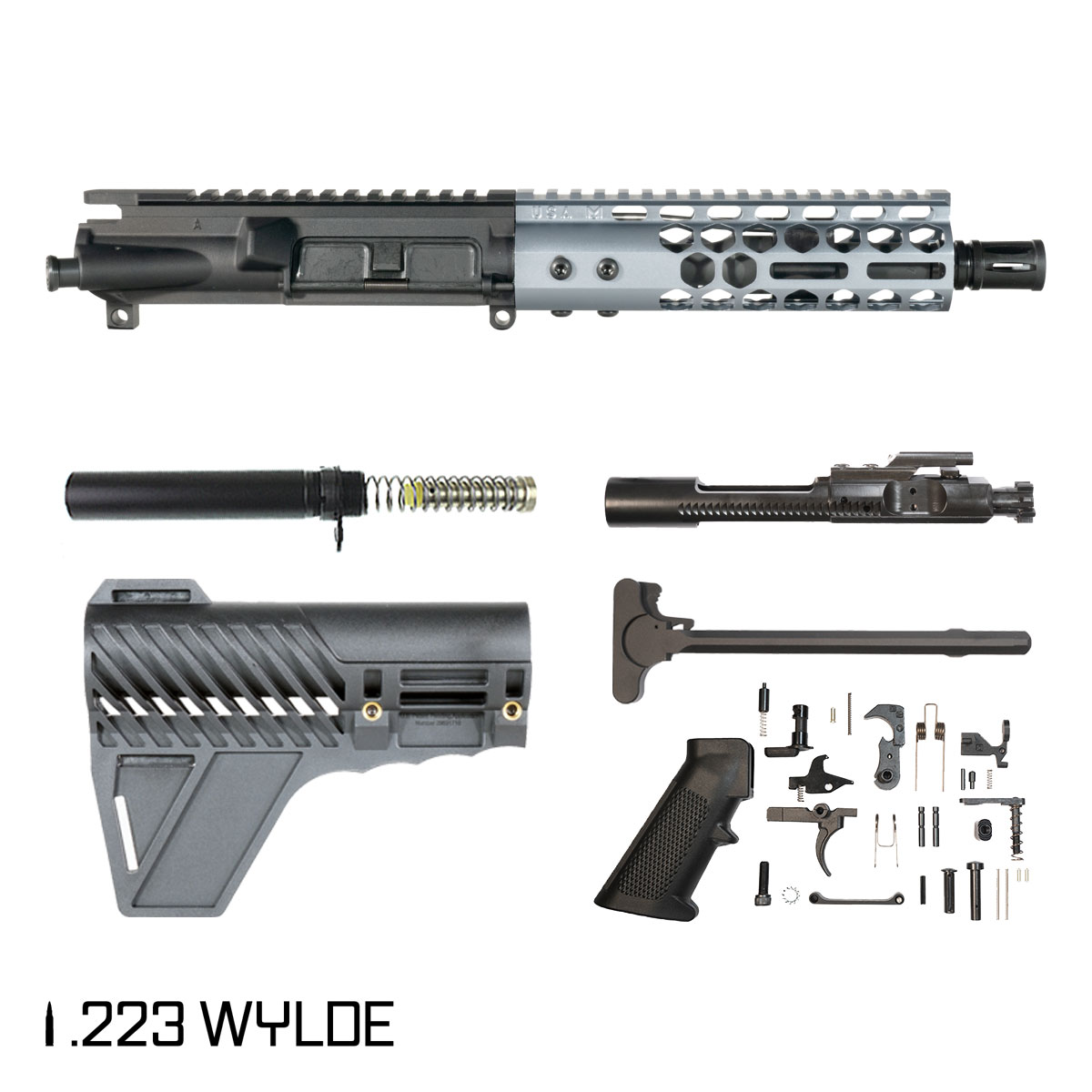 Davidson Defense Lightshow Anodized Grey w/Gauntlet Arms Brace 7.5-inch Pistol-Gas 1:7 .223 Wylde AR-15 Freefloat M-Lok Handguard Pistol Full Build Kit
